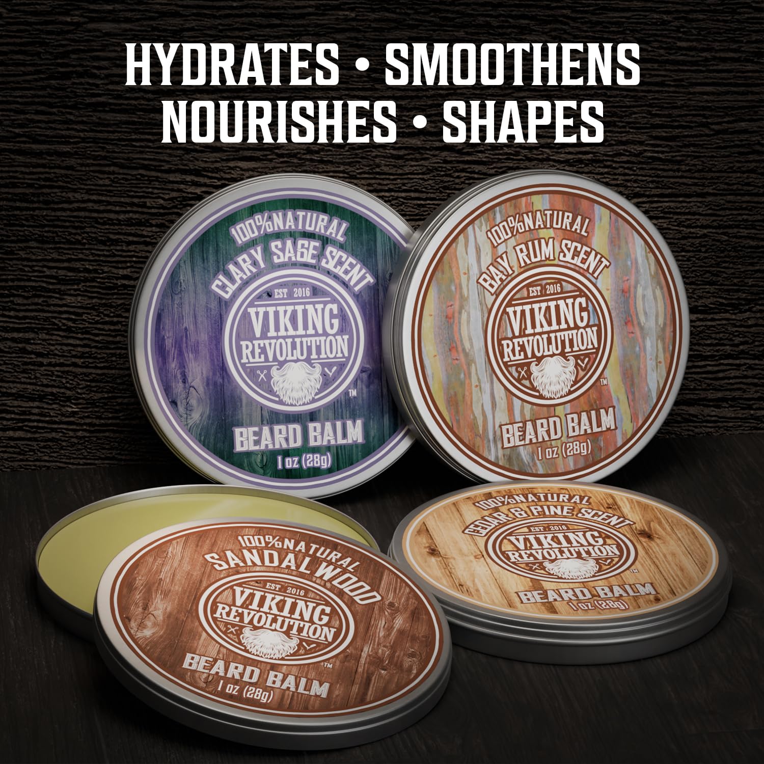 Viking Revolution 4 Beard Balm Variety Pack (1oz Each) - Sandalwood, Pine & Cedar, Bay Rum, Clary Sage - Styles, Strengthens and Softens Beards and Mustaches - Wax for Men