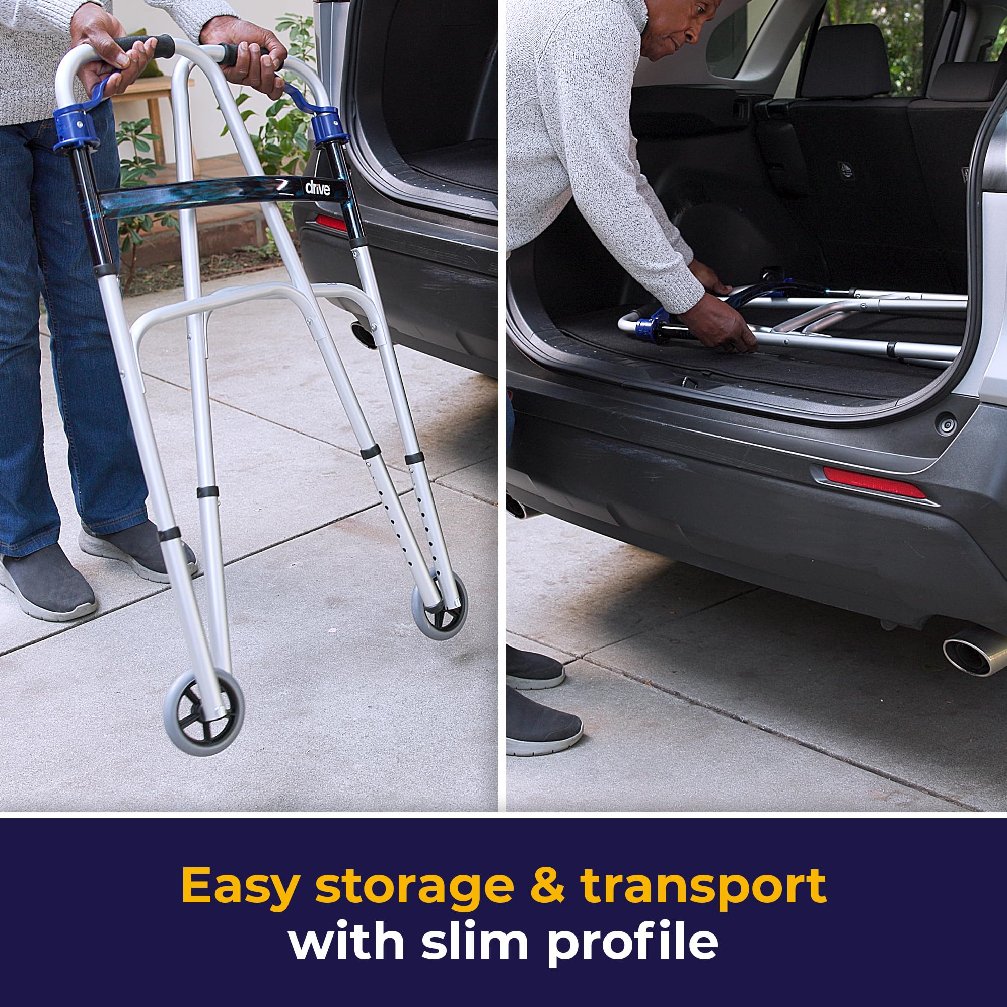 Drive Medical Trigger Release Folding Walker - Lightweight Brushed Steel Design - Easy Trigger Folding Mechanism - 5 Inch Wheels - Contoured Hand Grips - Senior Mobility Aid