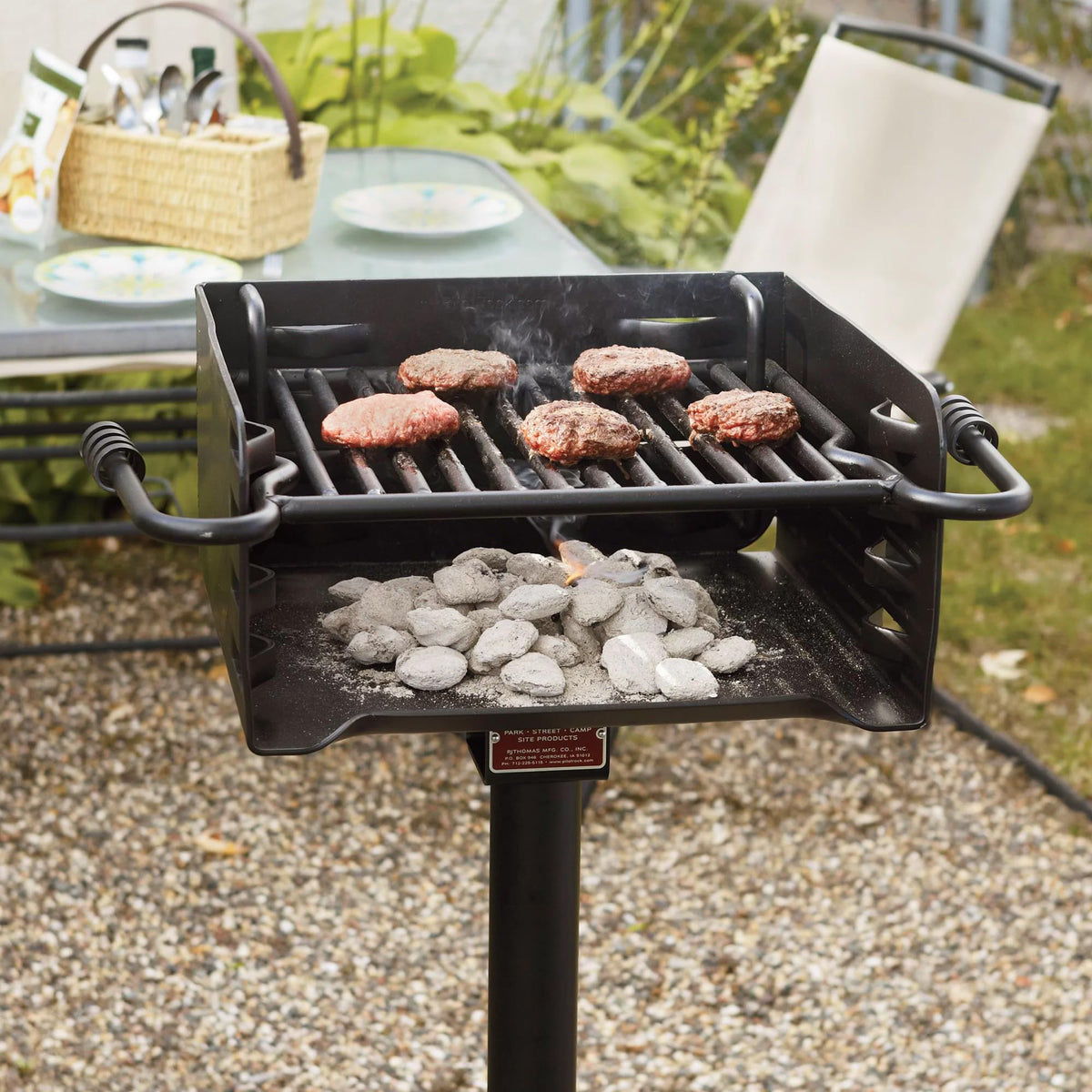 Pilot Rock Park Style Heavy Duty Steel Outdoor BBQ Charcoal Grill with Cooking Grate and 360 Degree Swivel Post for Camping or Backyard, Black