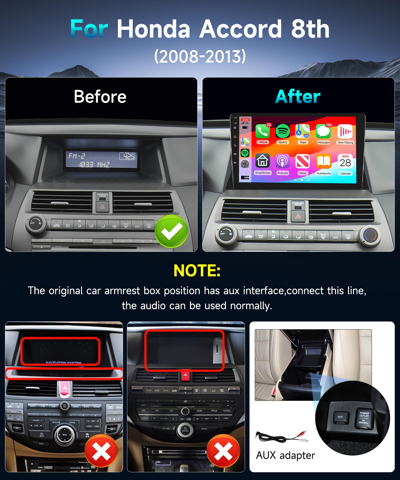 DSP Radio for Honda Accord 8th 2008-2012 Car Stereo with Wireless Carplay Android Auto,10.1 Inch 1080P Touch Screen EQ FM/RDS GPS Chip 26UIs 5.0Bluetooth WiFi AHD Backup Camera Mic 2G+32G