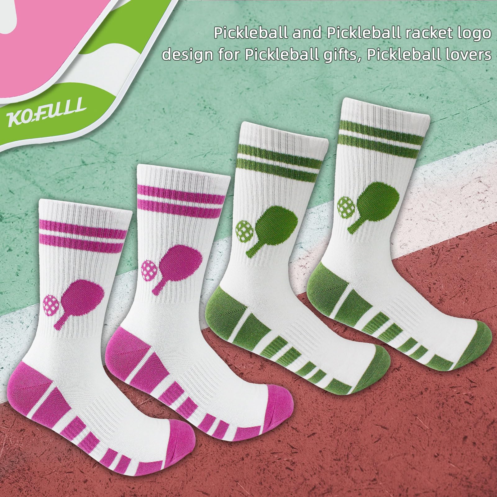 KOFULL Pickleball Socks, Pickleball Gifts for Pickleball Lovers, Pickleball Socks for Women, Striped Socks Women Athletic Crew Socks for Pickleball Golf Tennis Running Hiking, White Athletic Socks