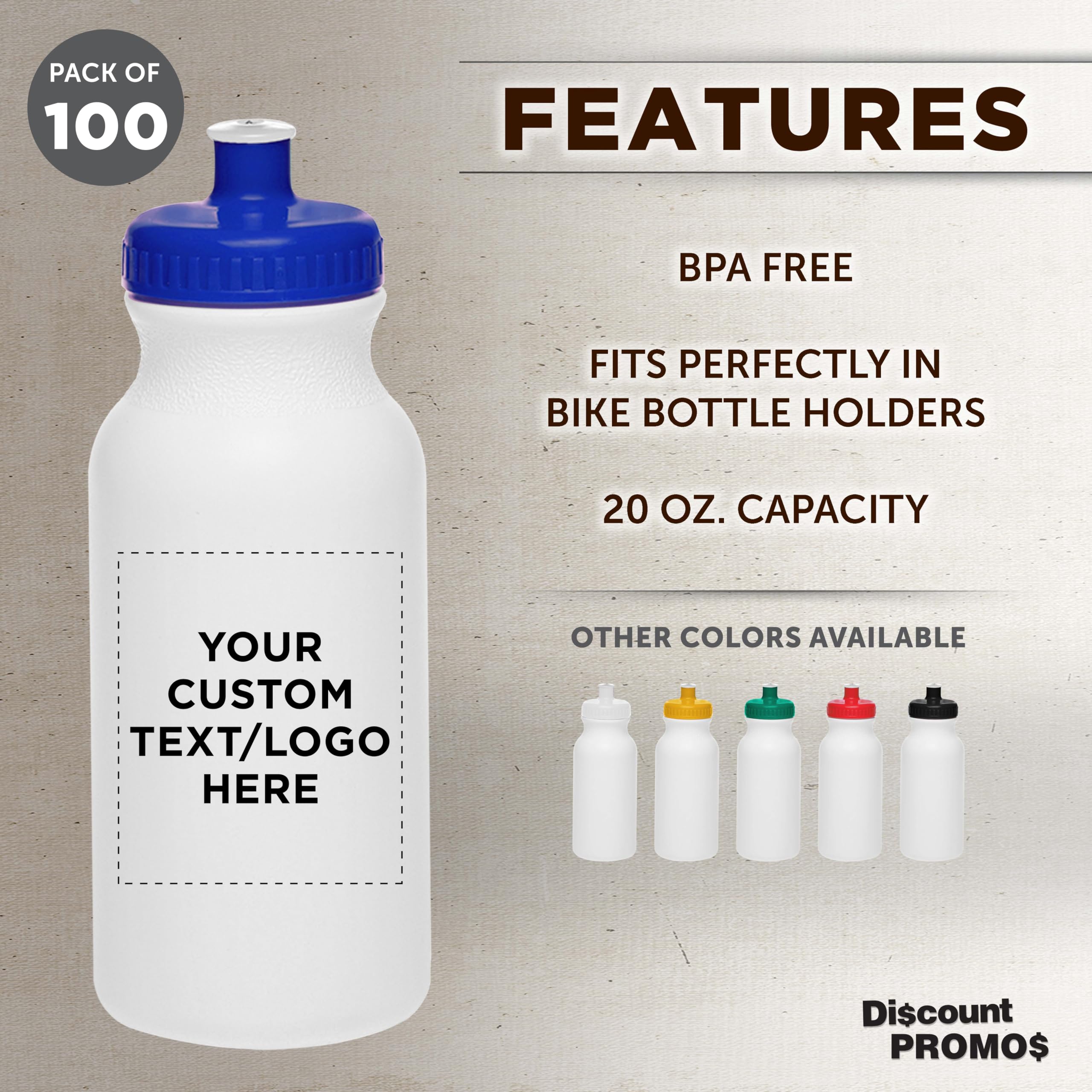 DISCOUNT PROMOS Custom White Water Bottles with Push Cap -100 pack, Customizable Text, Logo, 20 oz, Reusable BPA FREE Squeezable Bottles in Bulk, White Blue