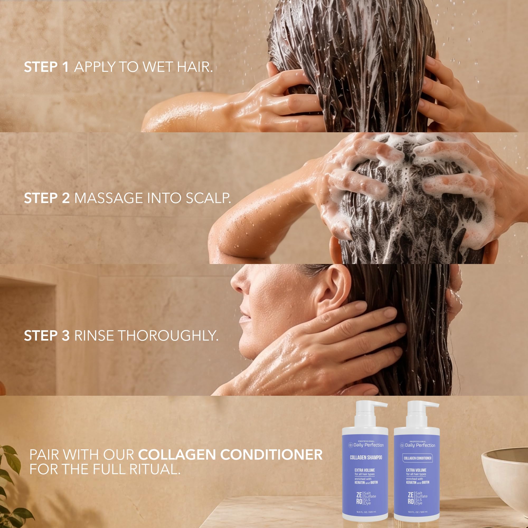 Daily Perfection Collagen Volumizing Shampoo - Extra Volume Daily Cleanser with Biotin and Keratin for All Hair Types - Salt, Sulfate and Paraben Free - 16.9 Fl Oz