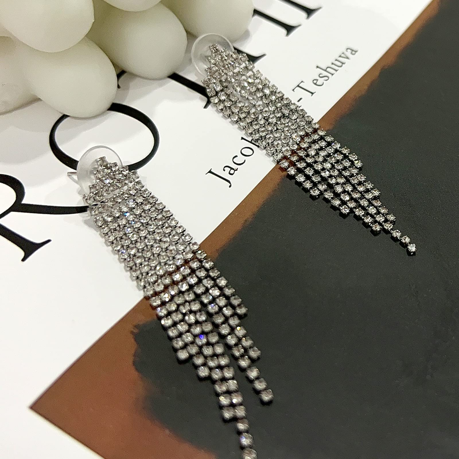 Luxval Rhinestone Earrings Dangling for Women Sparkly Silver Dangle Earrings Girls Long Chandelier Earrings Tassel Lightweight Ear Studs Cubic Zirconia Crystal Statement