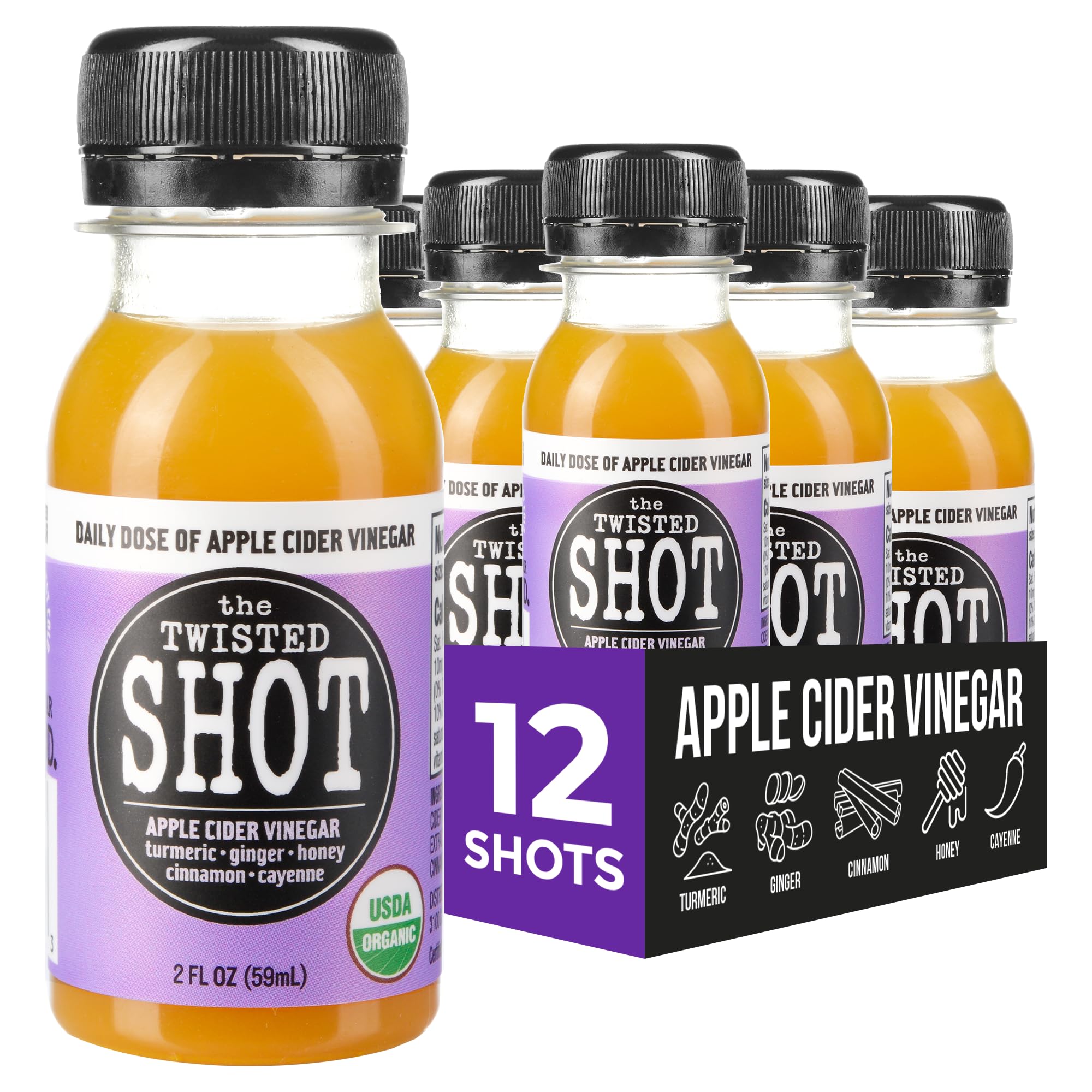 The Twisted Shot | Apple Cider Vinegar Wellness Shots with Honey, Cinnamon, Ginger and Turmeric | Digestion, Immunity and Gut Health Support | Ready to Drink Shots | 100% Organic | 12, 2 fl oz Shots