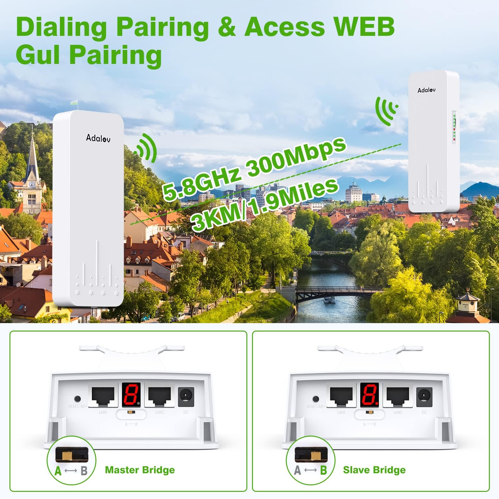 Wireless Bridge with 2 Bracket Mounts, 3KM 5.8G Point to Point Outdoor CPE, Adalov CPE660 Long Range WiFi Bridges for PtP/PtMP with 14DBi High Gain Antenna, PoE Adapter, 2 RJ45 Ethernet Port, 2 Pack