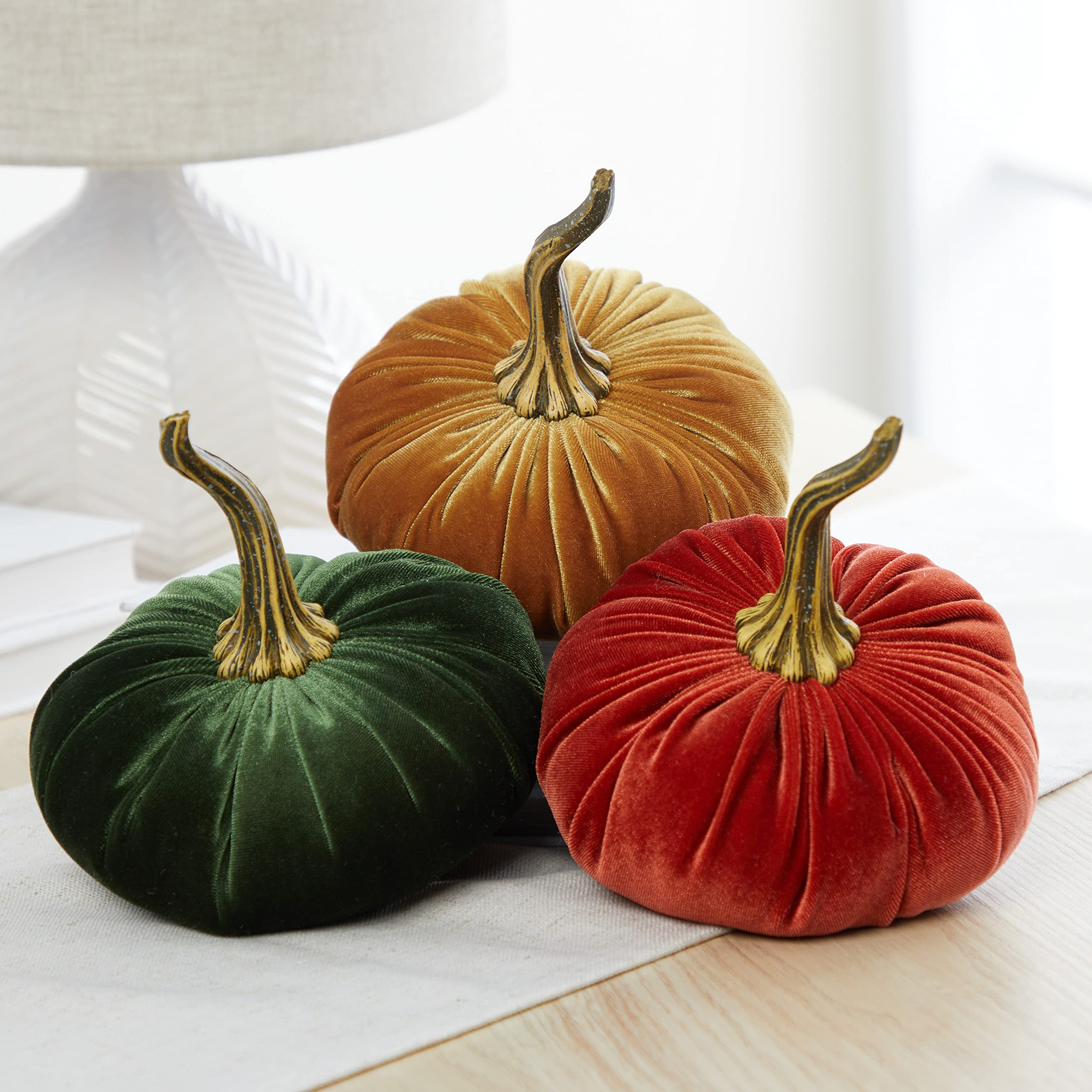 6.25 Inch Velvet Pumpkins Set of 3, best seller for fall, Halloween indoor decor, autumn cozy vibe gift for hostess, Thanksgiving elegant tablescape, office decor (Rust, Gold, Olive)