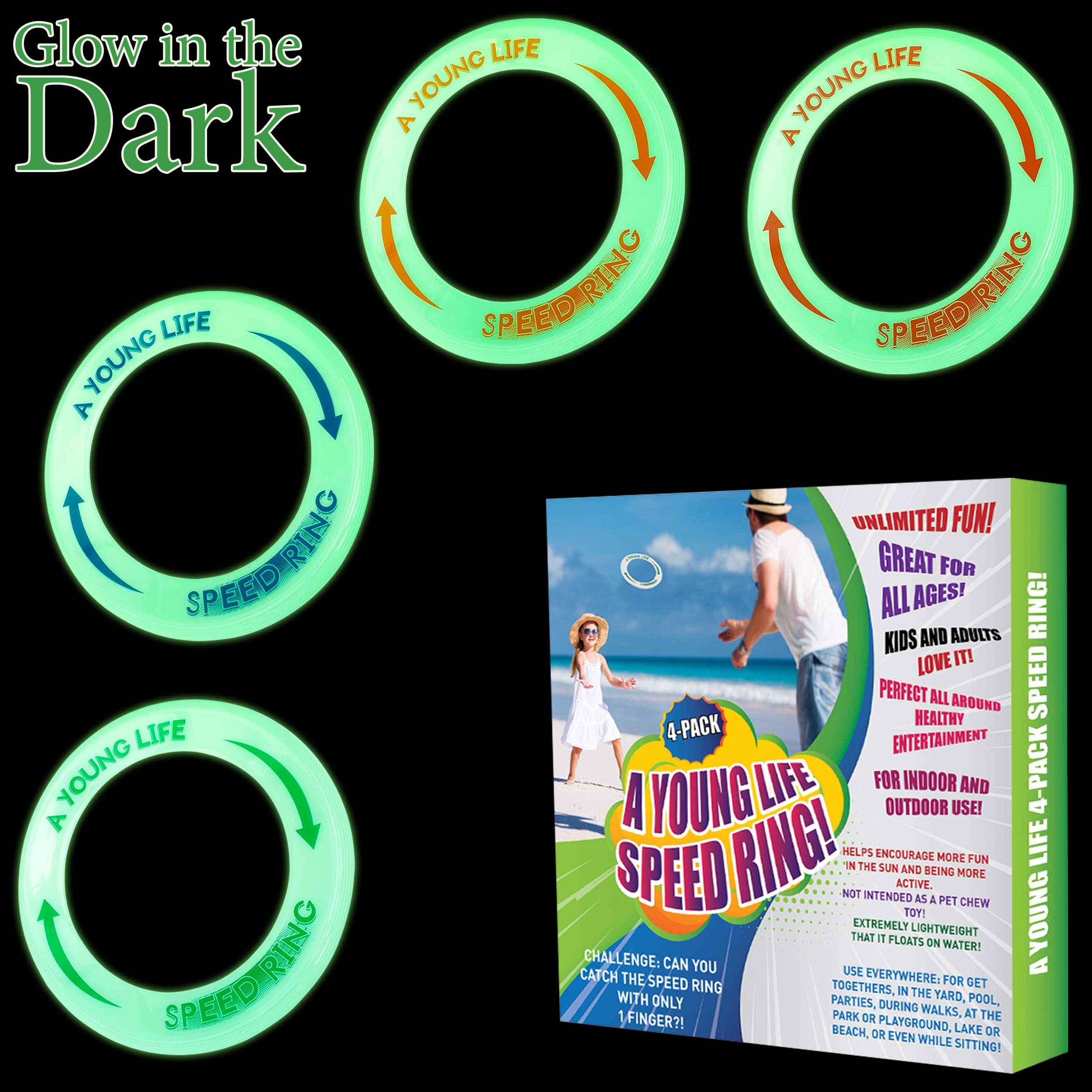 [4 Pack] Kid's Flying Rings Flying Disc - Glow in The Dark - Fly Straight - Weight 1.15 OZ Only - Floats On The Water - Best Healthy Activities for Your Family - Party Outside and Play!