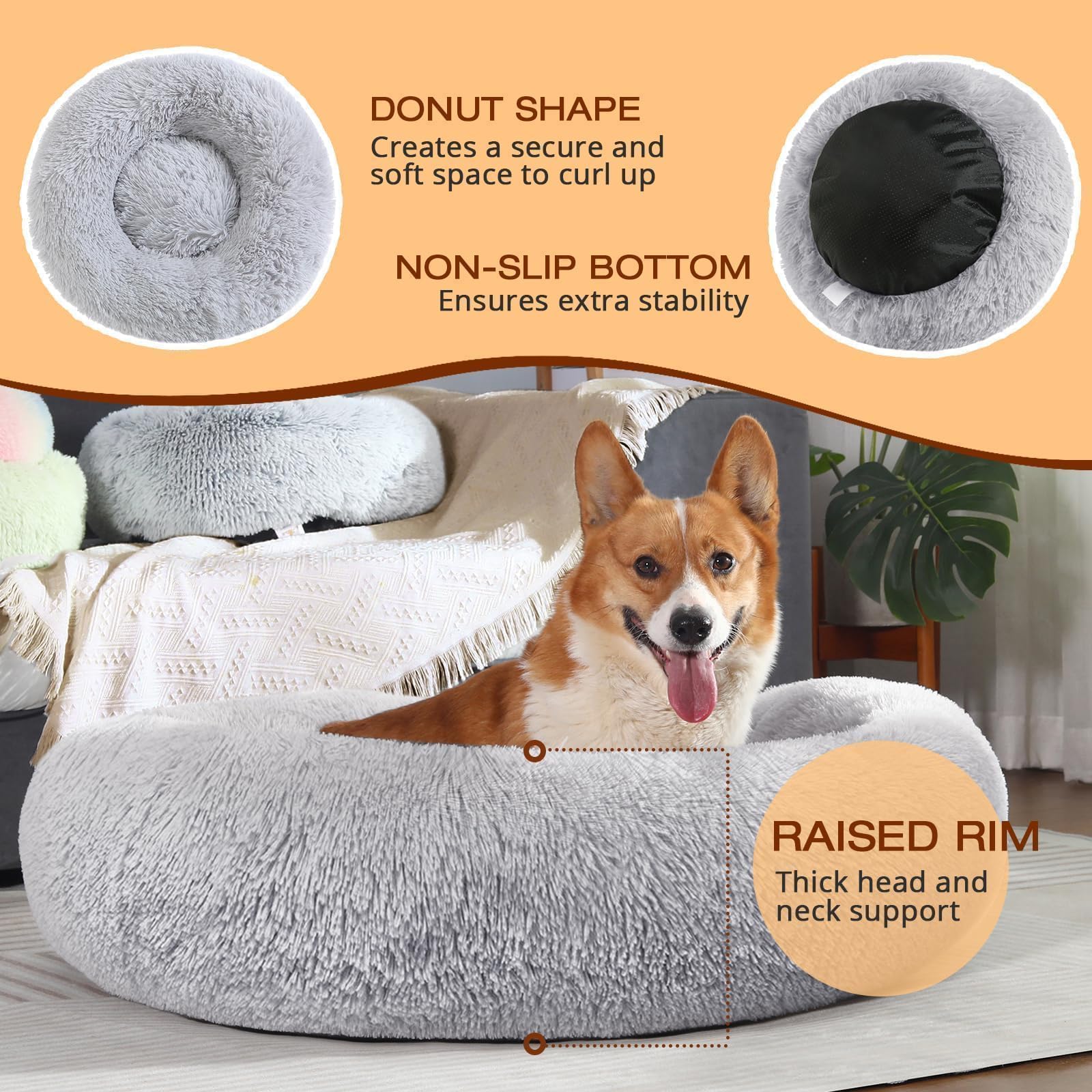 JOLLYVOGUE Dog Beds, Calming Small Dog Bed, Anti-Anxiety Dog Bed for Small Dogs, Fluffy Donut Dog Bed, Cozy Dog Cat Cushion Bed for Small Medium Dogs and Cats (20")