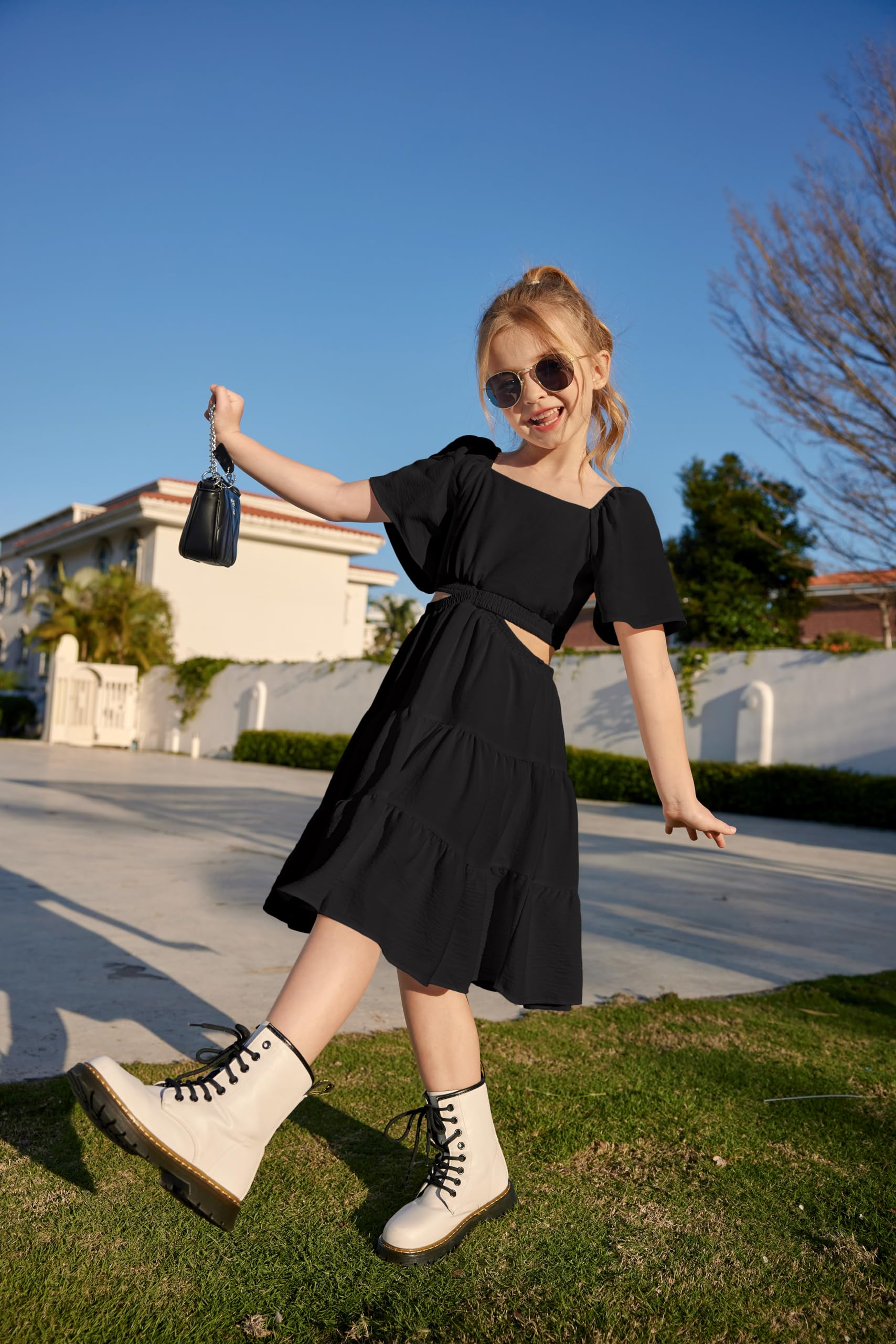 Arshiner Girls Dresses Square Neck Cut Out Shirred Ruffle Hem Funeral Semi Formal Black Dress Size 11-12