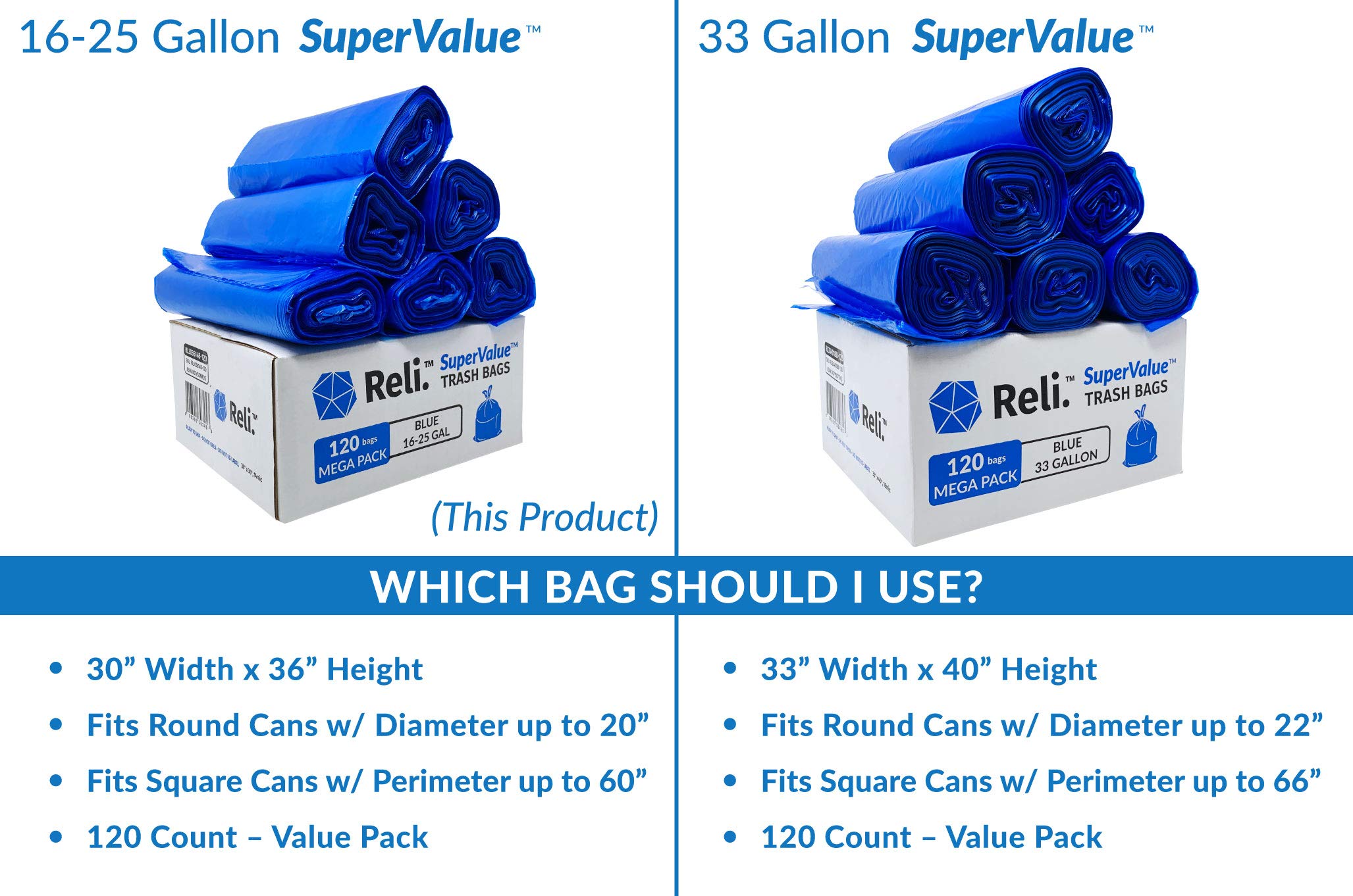 Reli. SuperValue 16-25 Gallon Recycling Bags | 120 Count | Blue Trash Bags