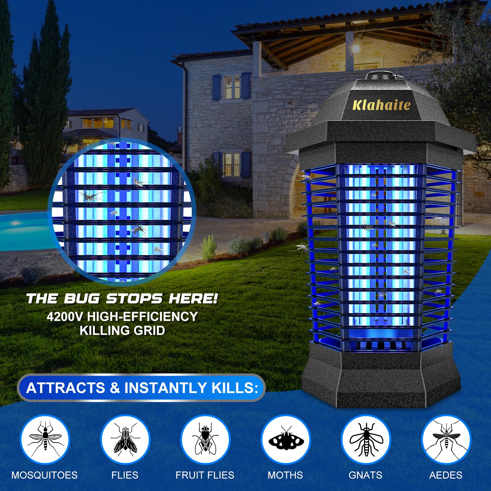 Klahaite Bug Zapper Outdoor Electric, Mosquito Zapper Indoor, Fly Zapper, Fly Trap, Insect Trap for Garden Backyard Patio, Black