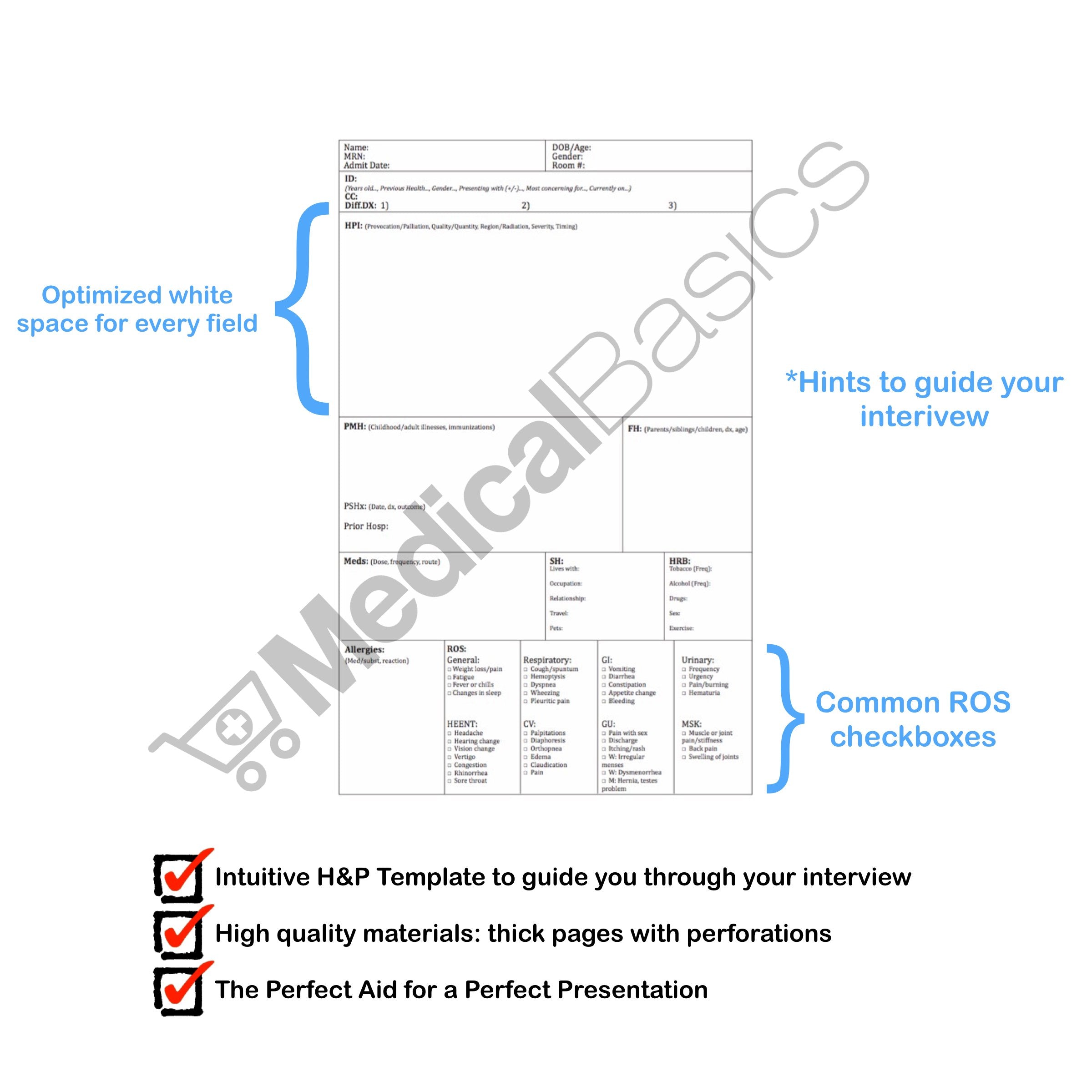 H&P notebook - Medical History and Physical notebook, 100 medical templates with perforations