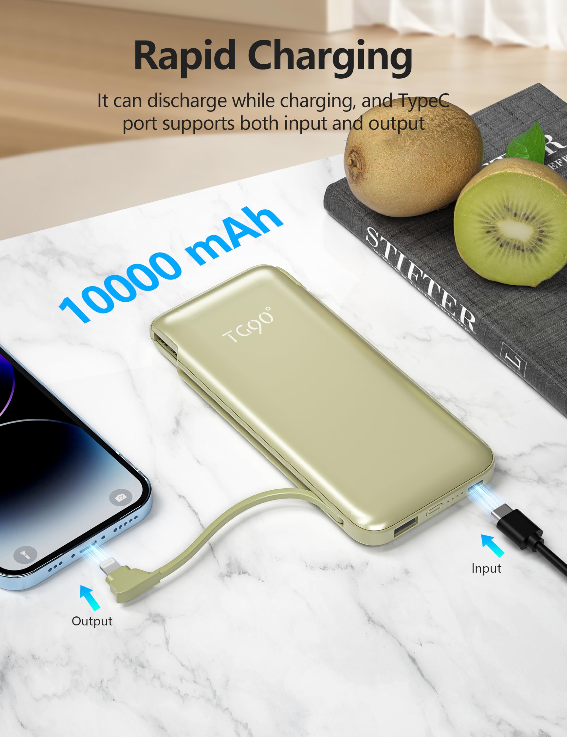 Metecsmart Portable Charger Power Bank with Built in Cable and AC Wall Plug, 10000mAh Fast USB C Phone Charger, Slim Thin Mini Charging Battery Pack Compatible with Smartphones and All USB-C Devices.