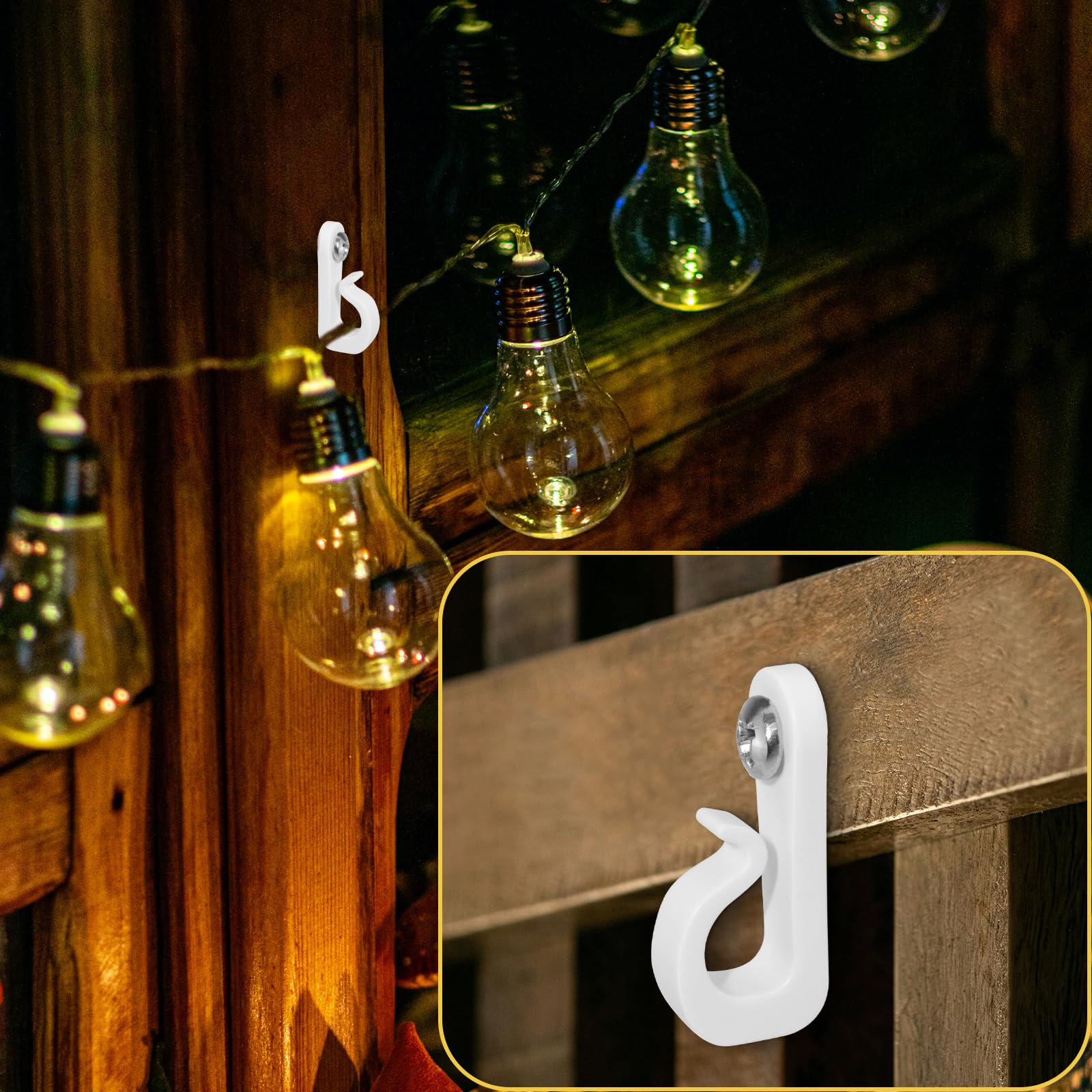 HONSNKS Screw Hooks for Outdoor String Light, White Q-Hanger Wall Hooks with Stainless Steel Phillips Screw for Christmas and New Year Party Outdoor Easy Release Wire and Fairy Led Lights, 20PCS