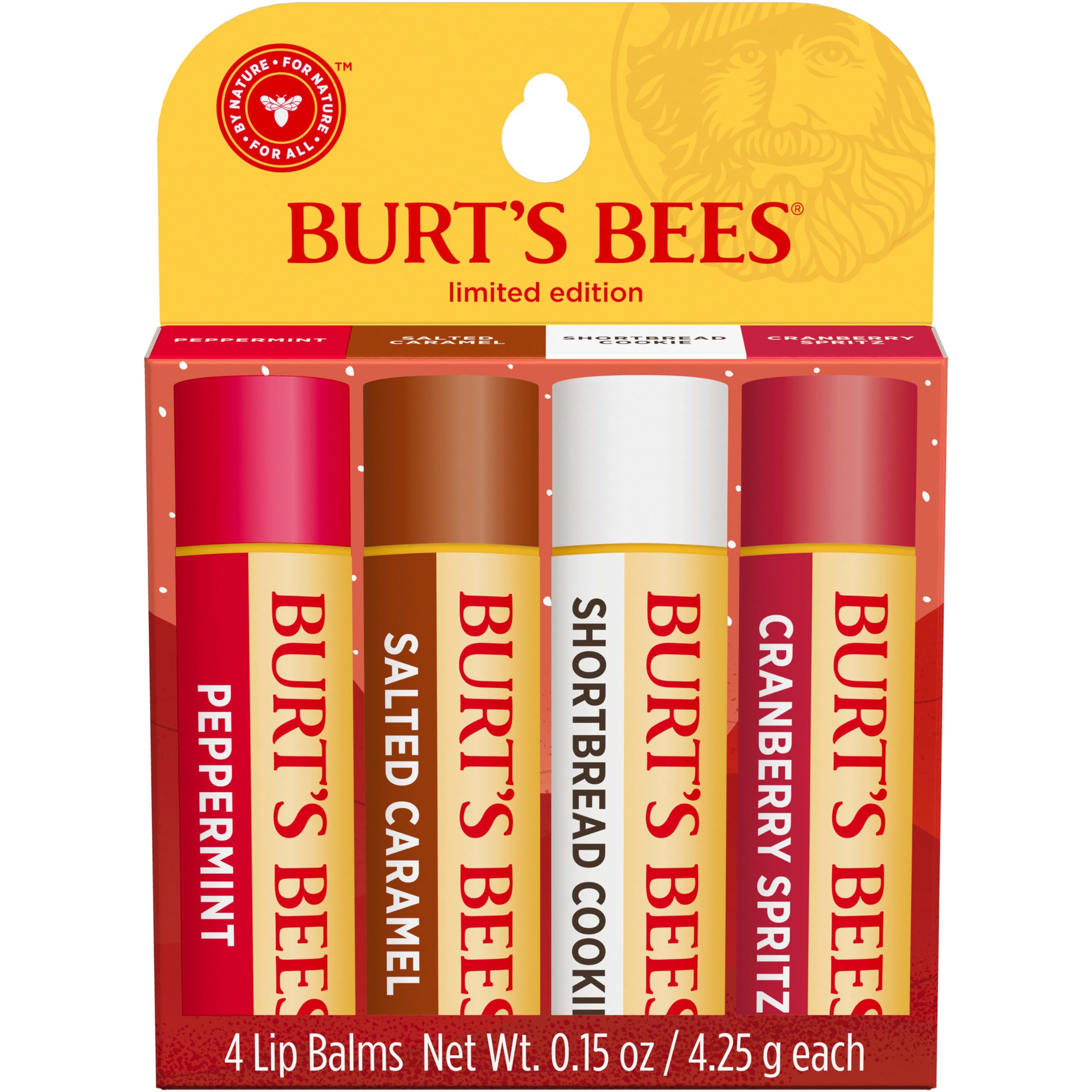 Burt's Bees Christmas Gifts, 4 Lip Balms Stocking Stuffers Products, Festive Fix Set - Peppermint, Salted Caramel, Cranberry Spritz & Shortbread Cookie (4-Pack)