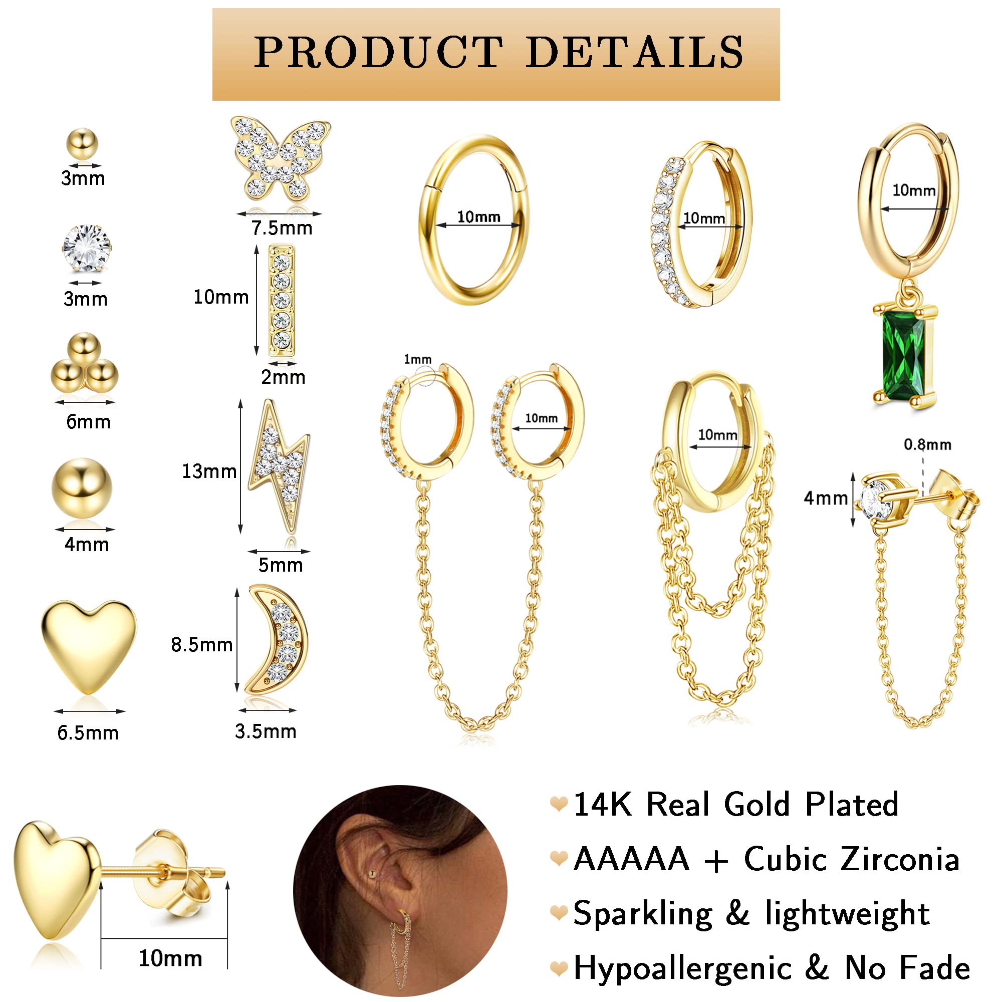 LOYALLOOK 29Pcs 14K Gold Plated Studs Earrings and Hoops Set for Women Huggie Hoop Studs Earrings Set Dainty Minimalist Moon Heart Butterfly CZ Ball Small Dangle Chain Hoop Earrings Set for Multiple