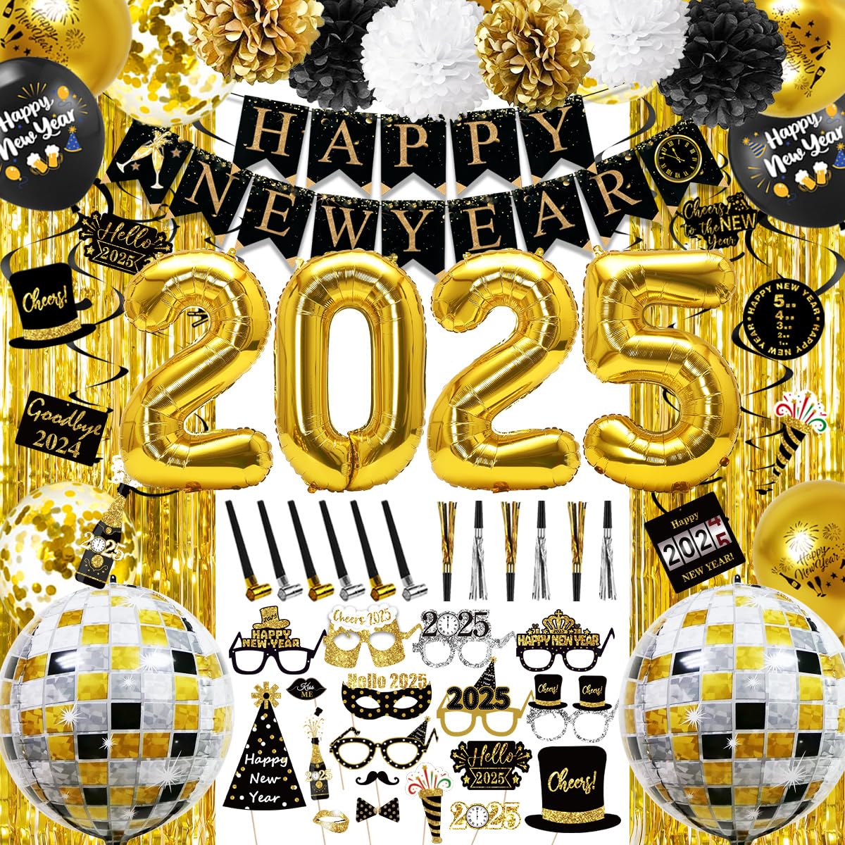 MOVINPE New Years Eve Party Decorations 2025 Black Gold, Happy New Year Party Supplies, Banner Pompoms Number Balloon Fringe Curtain Photo Booth Props Hanging Swirl Squawkers Blowouts