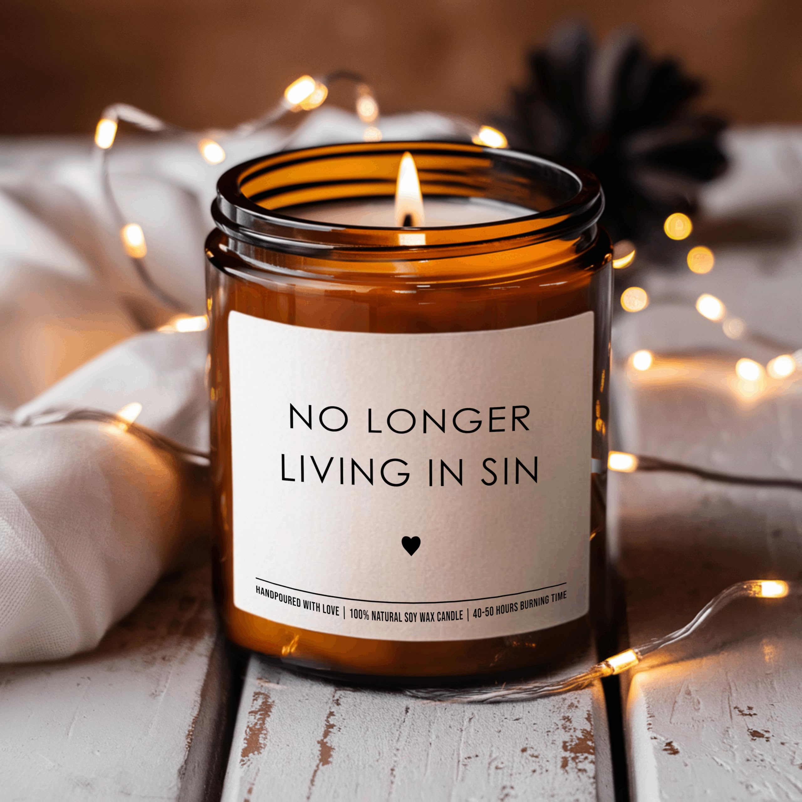 No Longer Living in Sin - Unique Couple Wedding Gift for Bride and Groom - His and Hers Anniversary Present Husband and Wife - Funny Engagement Gifts for Him and Her - 9 oz Soy Wax Candle