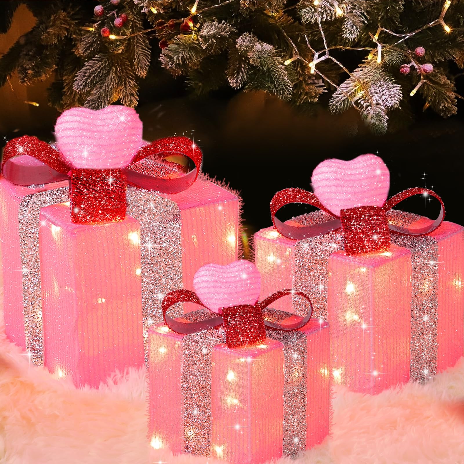 [Timer&8 Mode] 3 Pack Pink Valentines Decorations Christmas Lighted Gift Boxes with Pink Hearts Silver Glitter Fabric 60 LED Battery Operated Present Box Pink Decor for Room, Wedding, Valentines Gifts