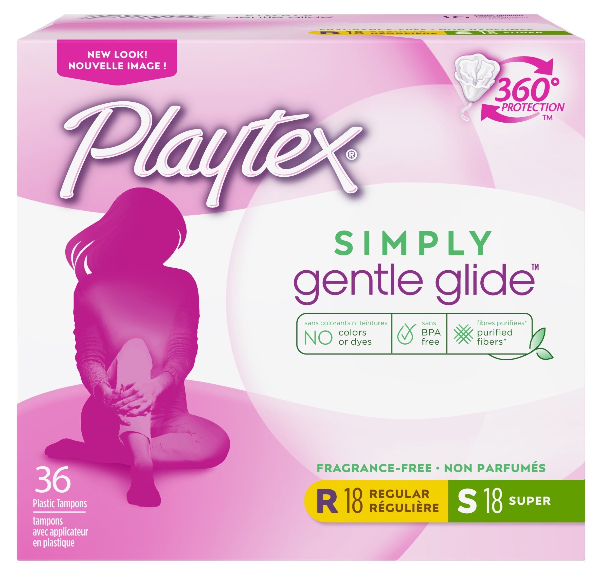 Playtex Simply Gentle Glide Tampons, Multipack (18ct Regular/18ct Super Absorbency), Fragrance-Free - 36ct