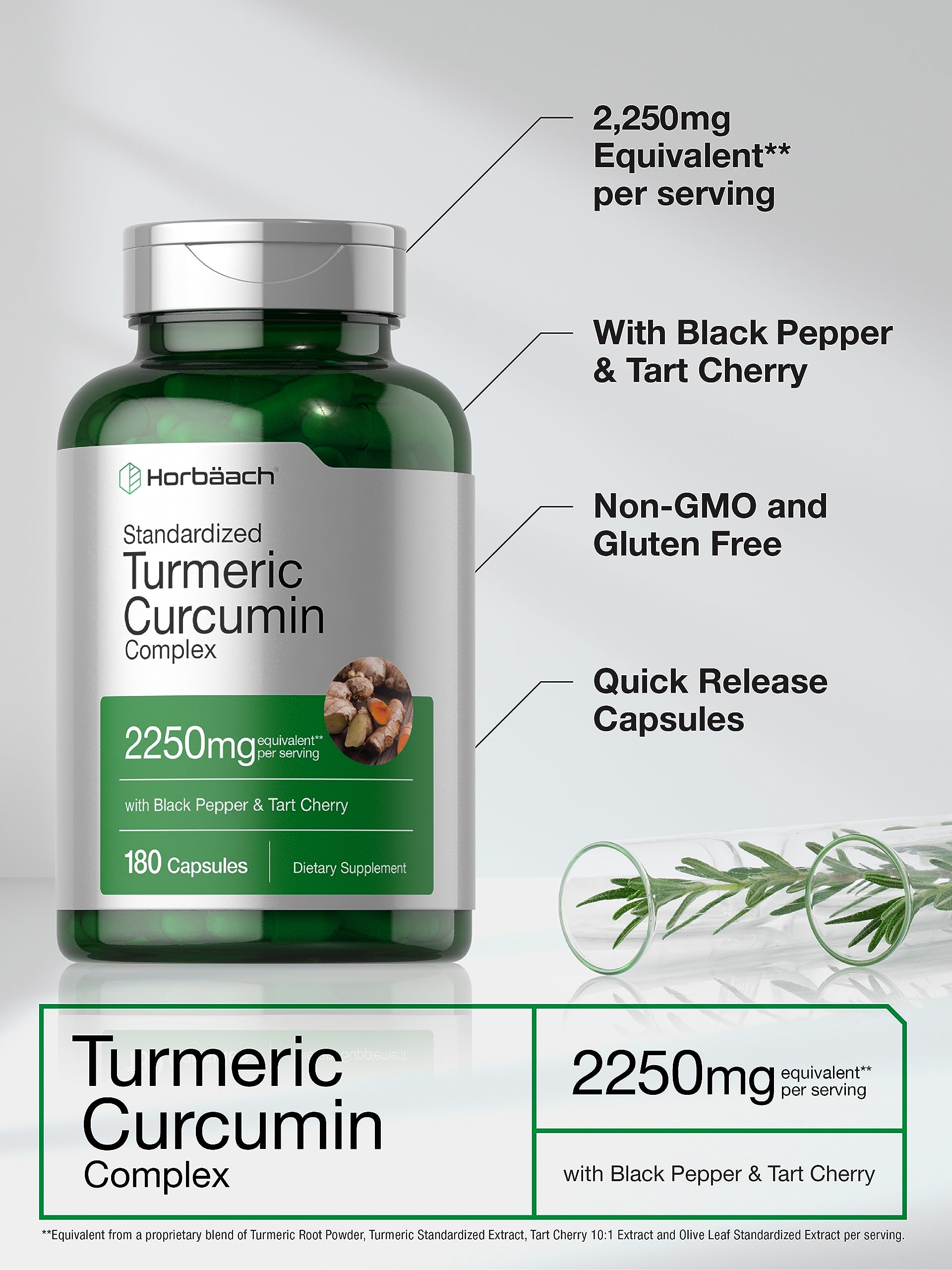 Horbäach Turmeric Supplement with Black Pepper 2250mg | 180 Capsules | with Bioperine & Tart Cherry | Non-GMO, Gluten Free Supplement