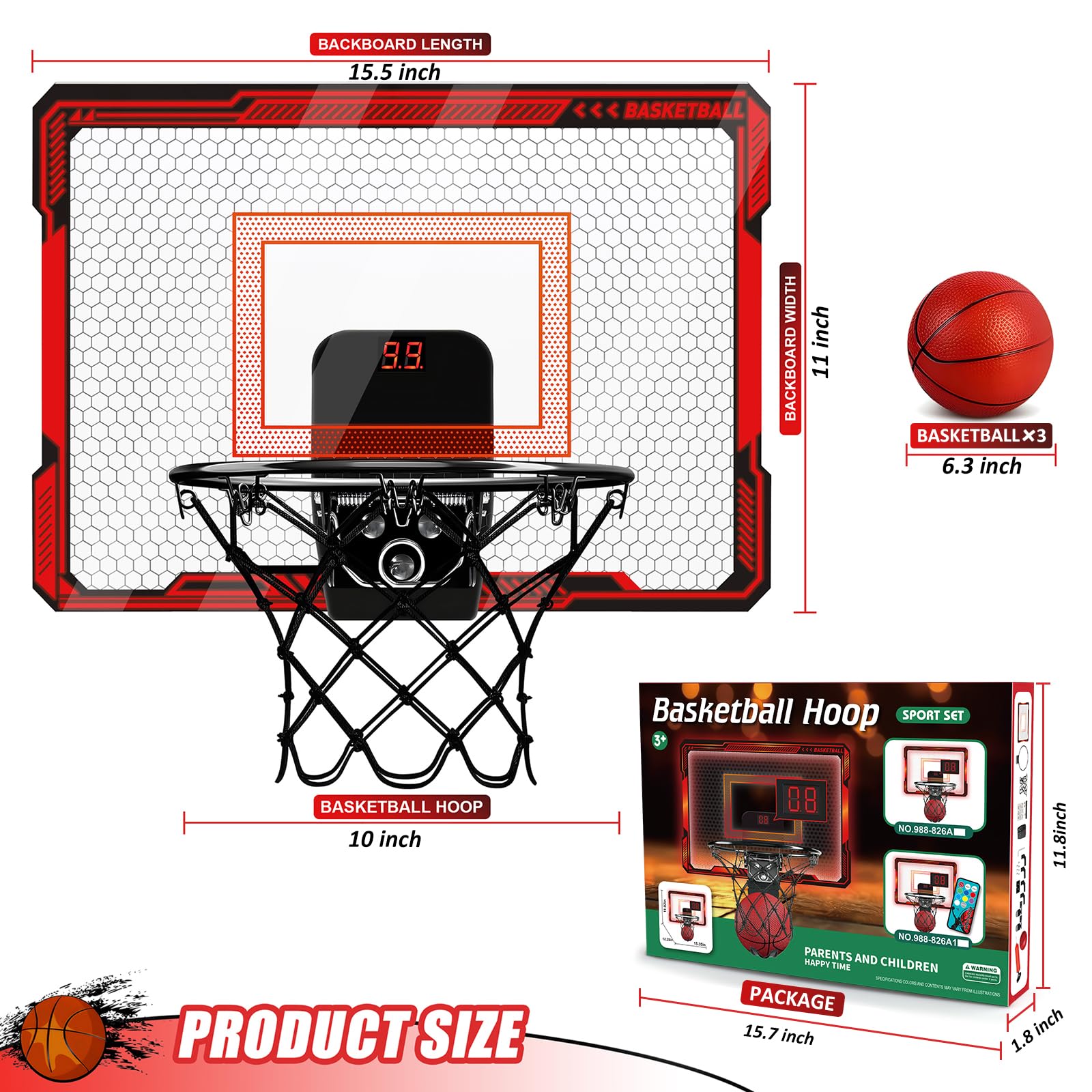 Basketball Hoop Indoor for Kids, Over The Door Basketball Hoops with LED Lighting & Audio Scoreboard, Mini Basketball Hoop Basketball Toys Gifts for 5 6 7 8 9 10 11 12 Year Old Boys Girls (Red)