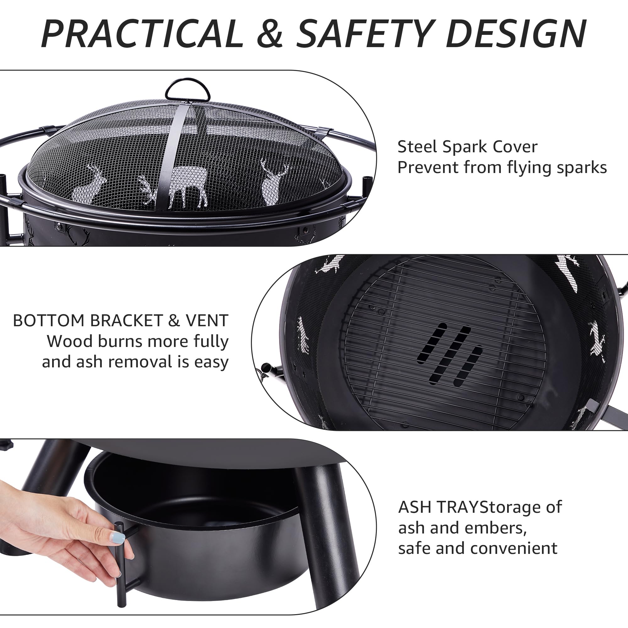 NATURAL EXPRESSIONS 32 Inch Large Fire Pit with 2 Grills, Outdoor Wood Burning Fire Pit with Cooking Grate, Lid, Poker and Round Waterproof Cover for Patio, Ourside, Bonfires, Picnic, Party.