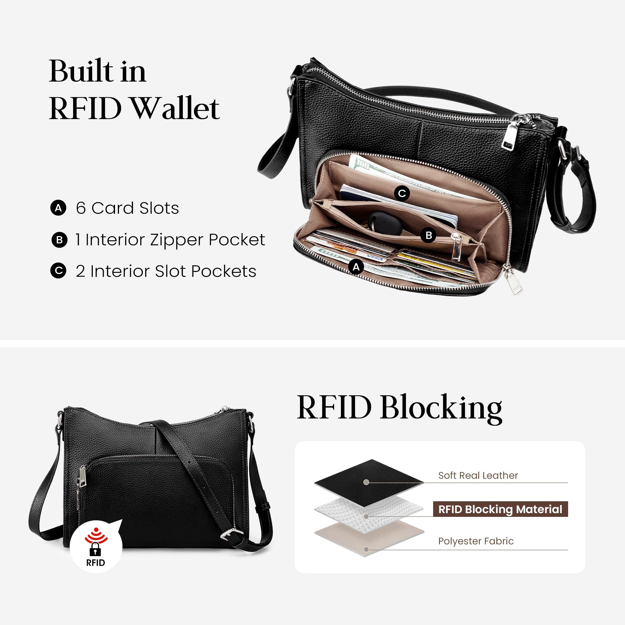 befen Black Genuine Leather Crossbody Bags for Women, Womens Small Anti-Theft Crossbody Purse with Built in RFID Blocking Wallet for Travel