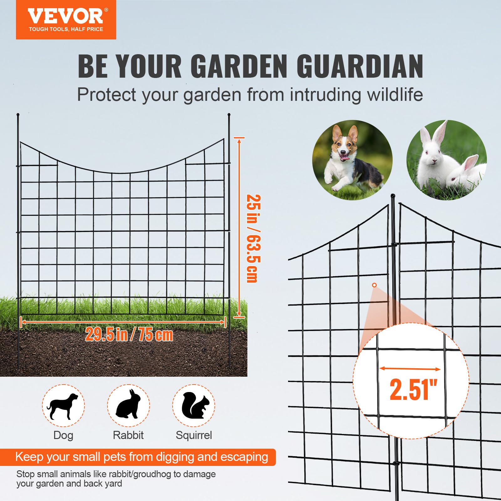 VEVOR Decorative Garden Fence, No Dig Fence 36.6in(H) x12ft(L) Animal Barrier Fence, Underground Garden Fencing with 2.5 Inch Spike Spacing, Metal Dog Fence for The Yard and Outdoor Patio, 5 Pack