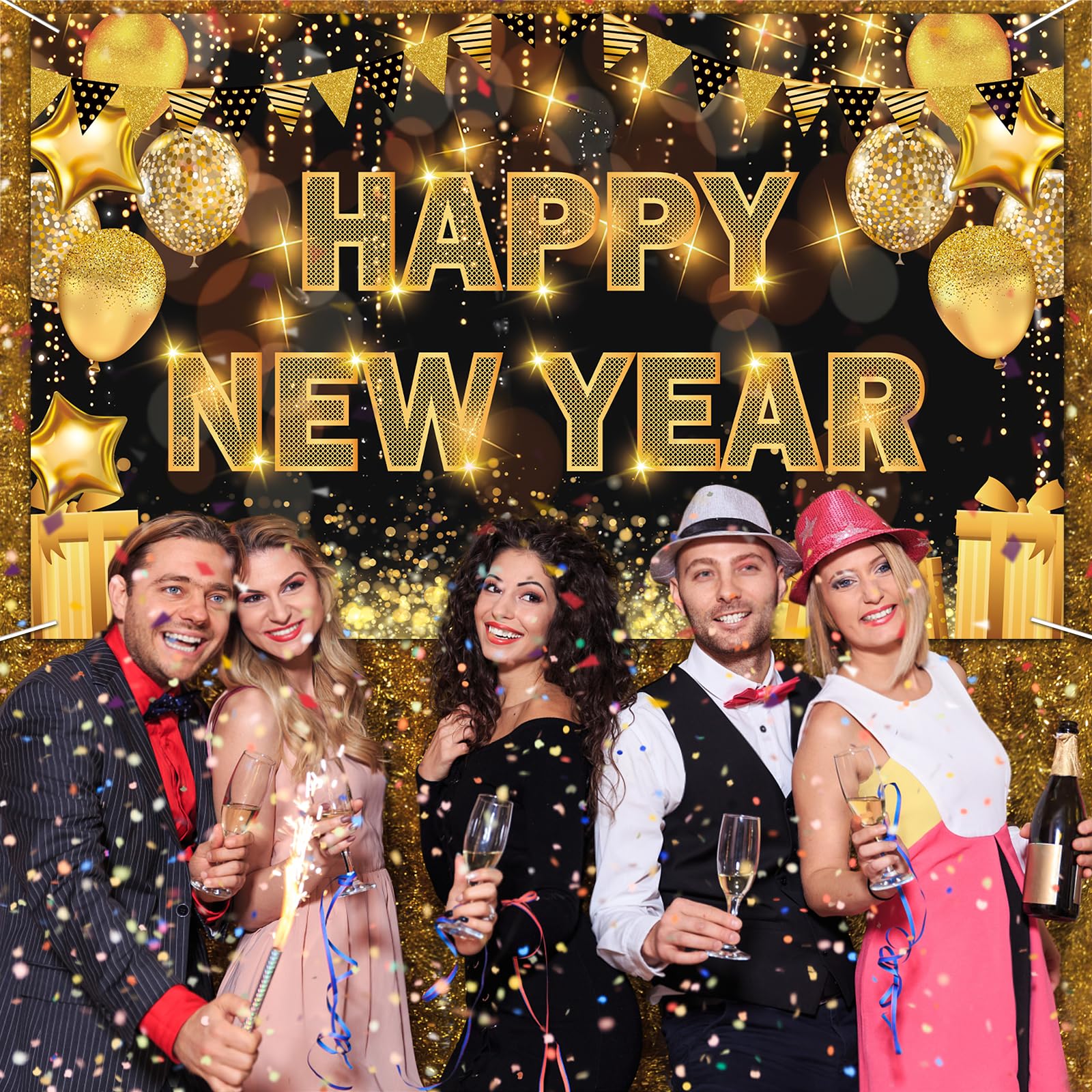 Happy New Year Decorations 2025, 71 * 44IN Happy New Year Banner 2025 Happy New Year Backdrop Party Supplies for Black and Gold New Years Eve Party Decorations 2025