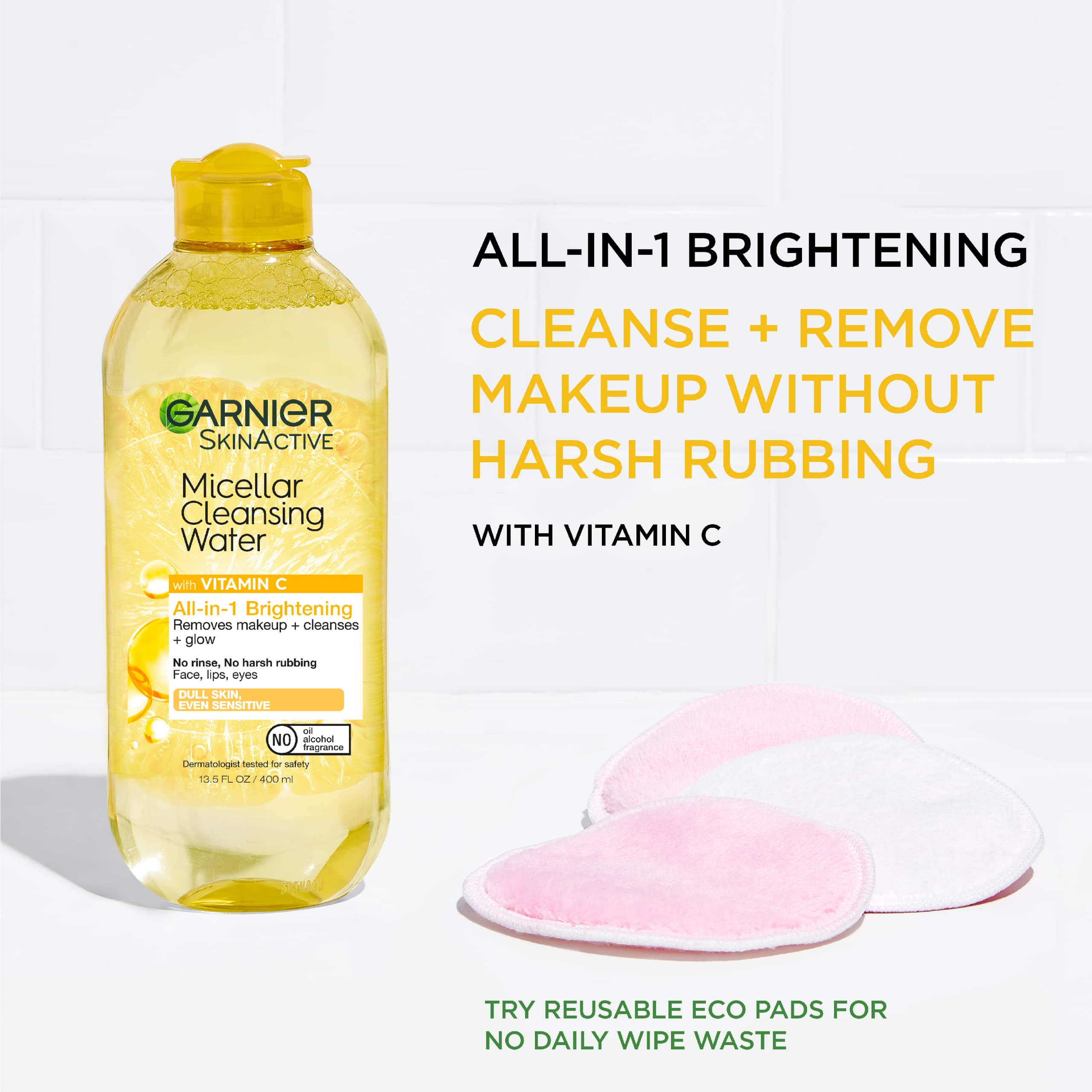 Garnier Micellar Water with Vitamin C, Facial Cleanser & Makeup Remover, Brightening & Hydrating, For All Skin Types, Vegan, Cruelty Free, 13.5 Fl Oz (400mL), 1 Count