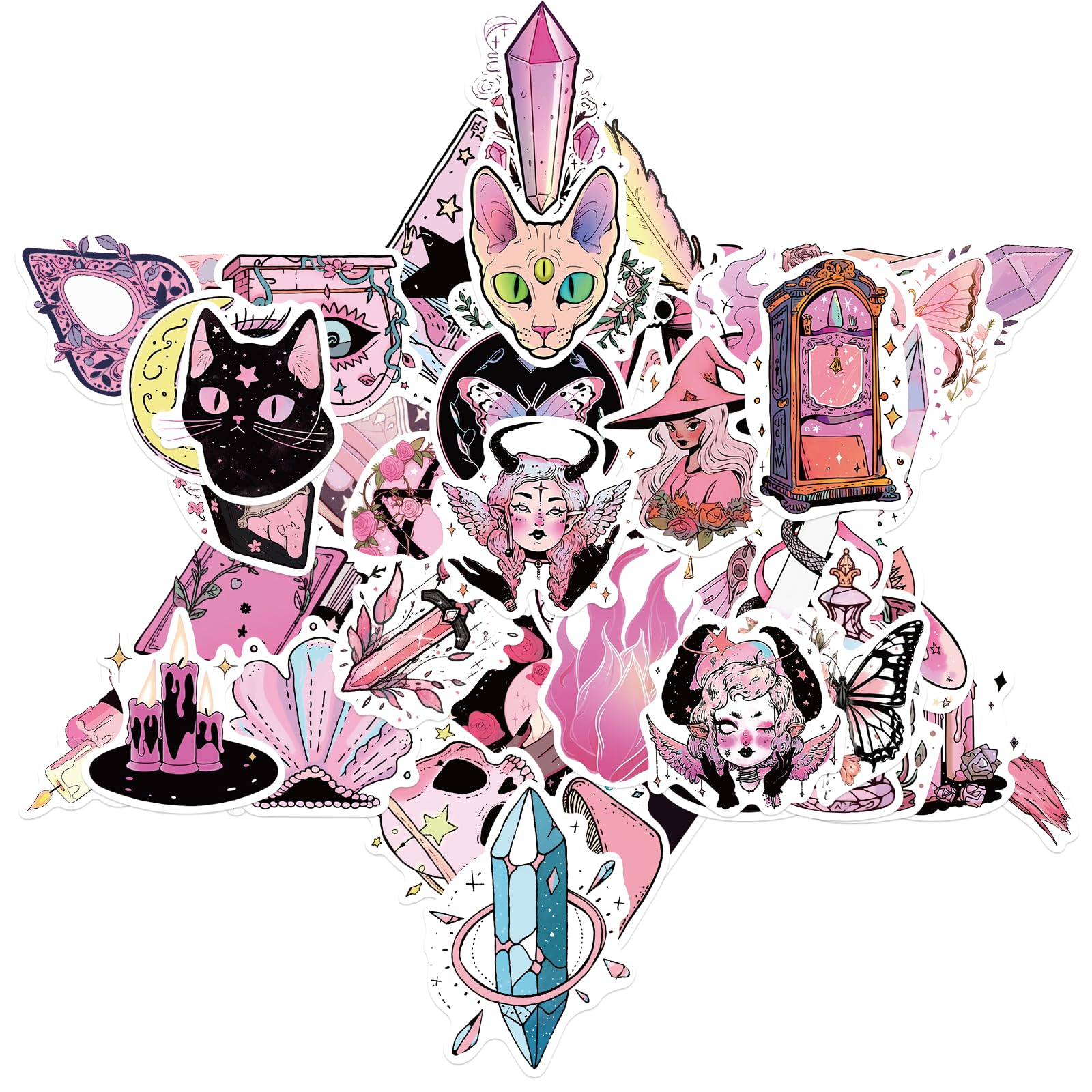 50 Pcs Pink Witch Stickers, Pink Aesthetic Stickers, Cryptid Stickers,