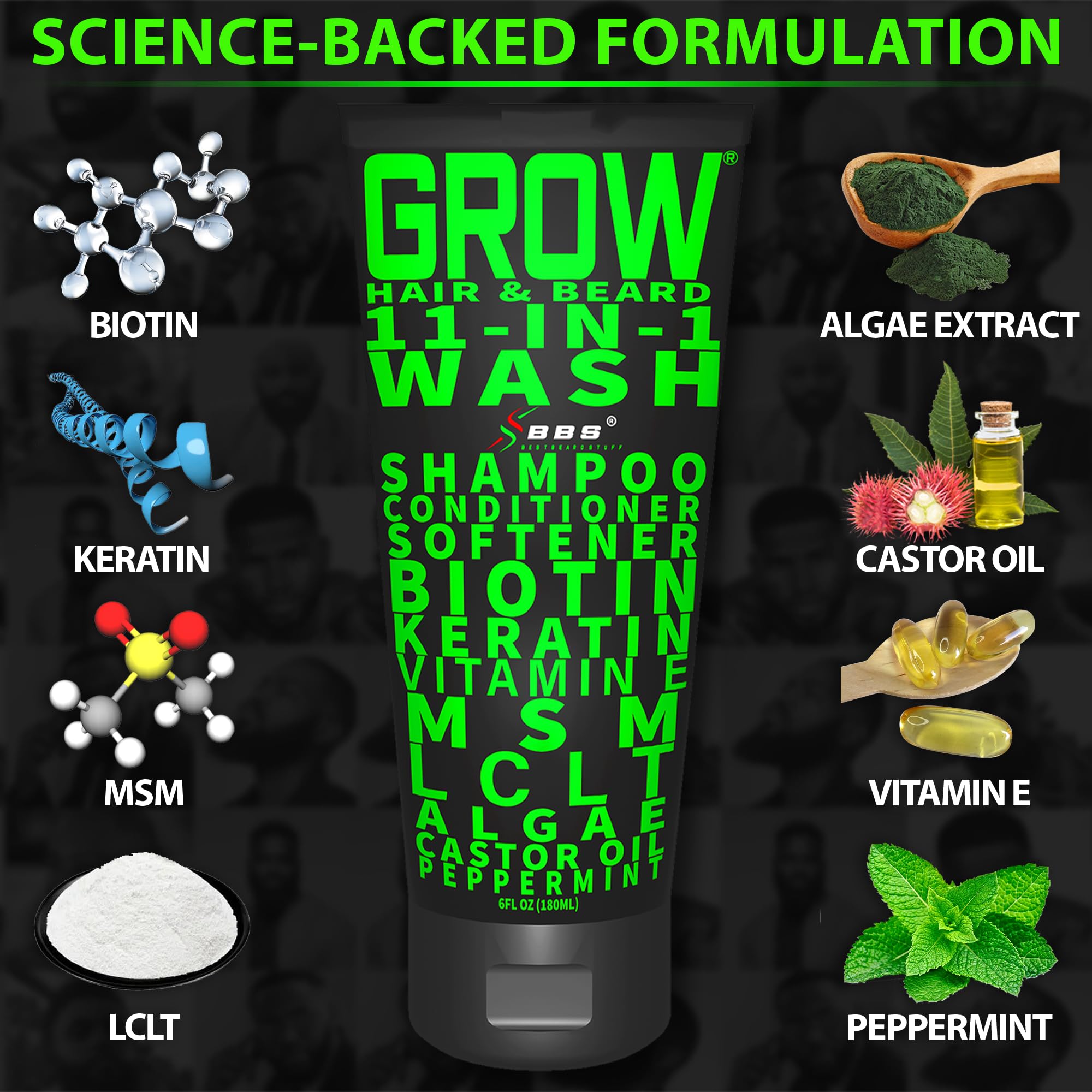 GROW Hair & Beard 11-in-1 Wash: Shampoo, Conditioner Softener, Biotin, Castor Oil, Peppermint Essential Oil, Vitamin E, MSM, Keratin, Algae, LCLT - Supports Healthy Growth - Vegan - BBS USA Product