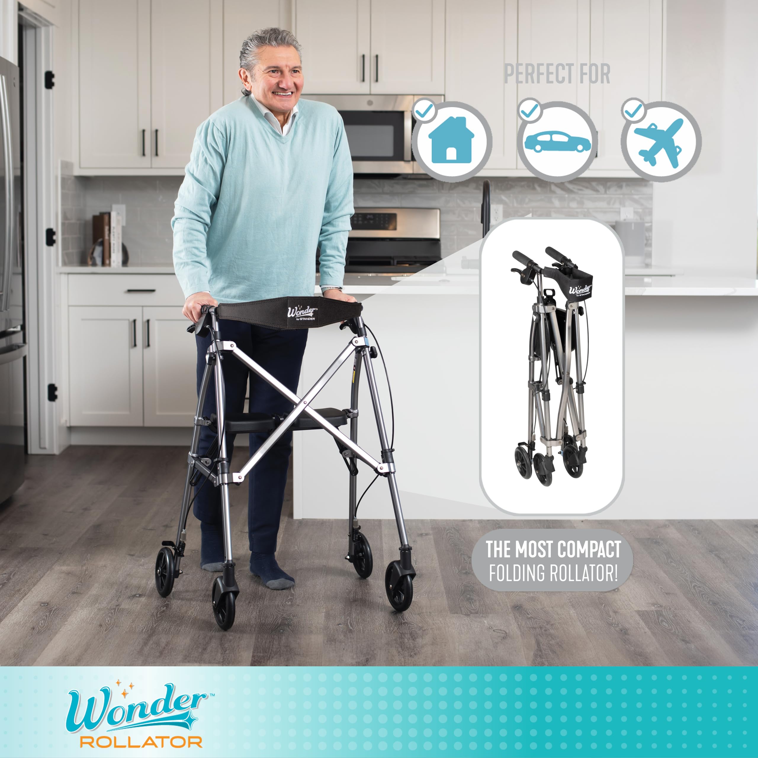 Stander Space Saver Rollator, Lightweight Folding Rolling Walker with Seat for Seniors & Adults, 4-Wheel Mobility Aid with 6-inch Wheels, Locking Brakes & Padded Seat with Backrest, Cobalt Blue