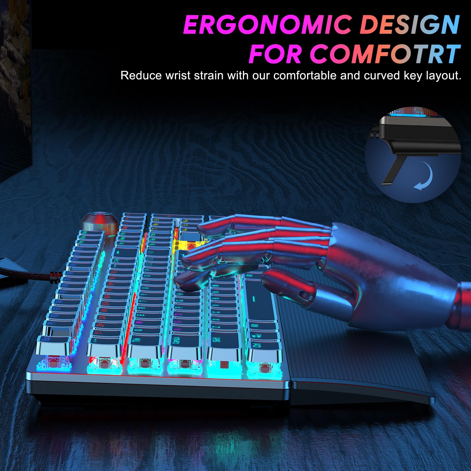TECURS Gaming Keyboard Mechanical Keyboard with Magnetic Wrist Rest, Backlit PC Typewriter Keyboard LED, 104 Keys, Red Switch, Media Control Knob - Compatible with Windows/Mac/PC