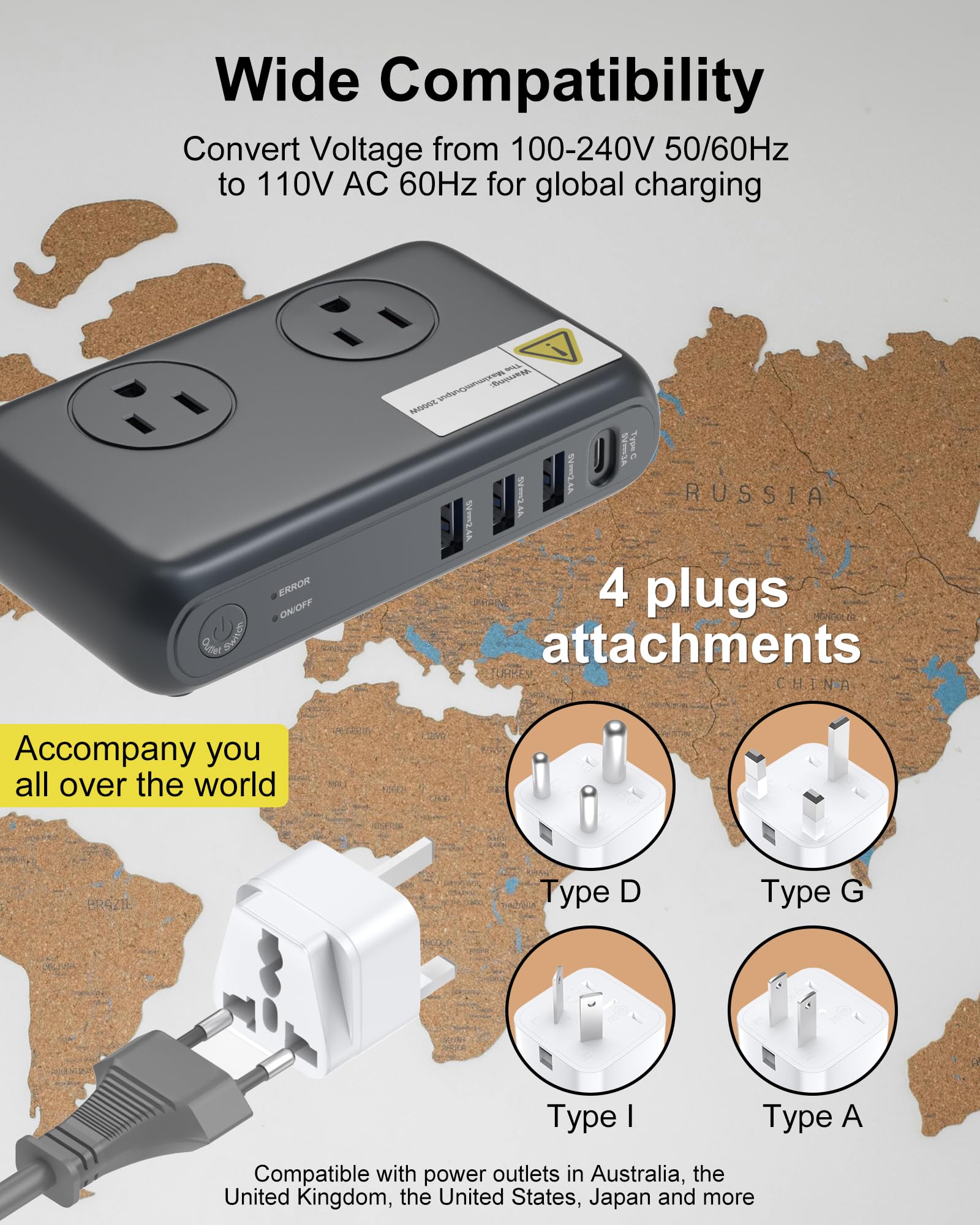 220V to 110V Voltager Converter, 230W Universal Travel Adapter with 4 USB Ports, 2 Outlets and EU/US/UK/AU/in Plug Power Converter Adapter Combo, Step Down Converter for Curling Iron,Gray