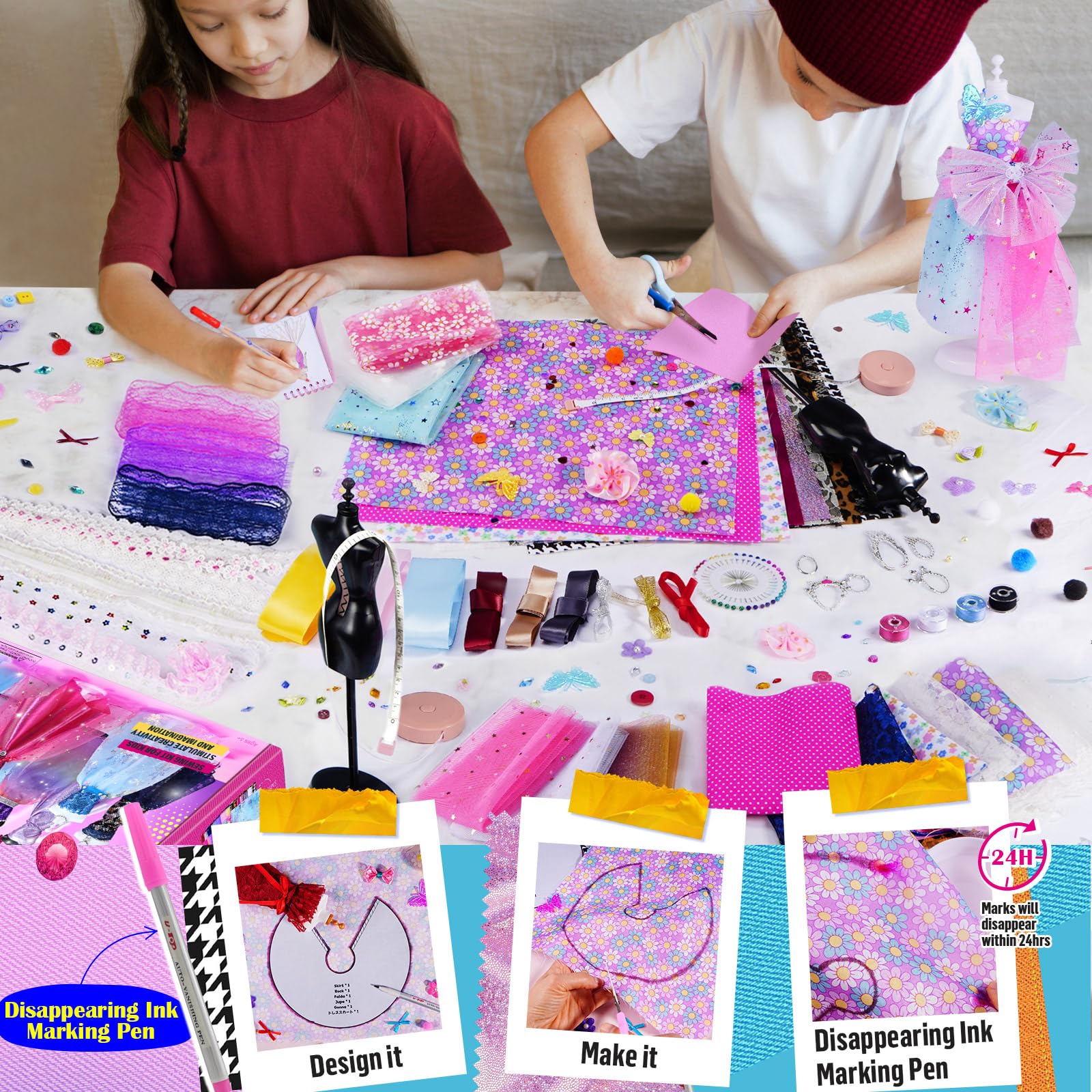 ONE TO FOUR 800+Pcs - Fashion Designer Kit for Girls with 6 Mannequins - Arts and Crafts Kit- Sewing Kit for Kid Ages 8-12 -Girls Gift Age 6 7 8 9 10 11 12-Christmas Gifts for Teen Girls