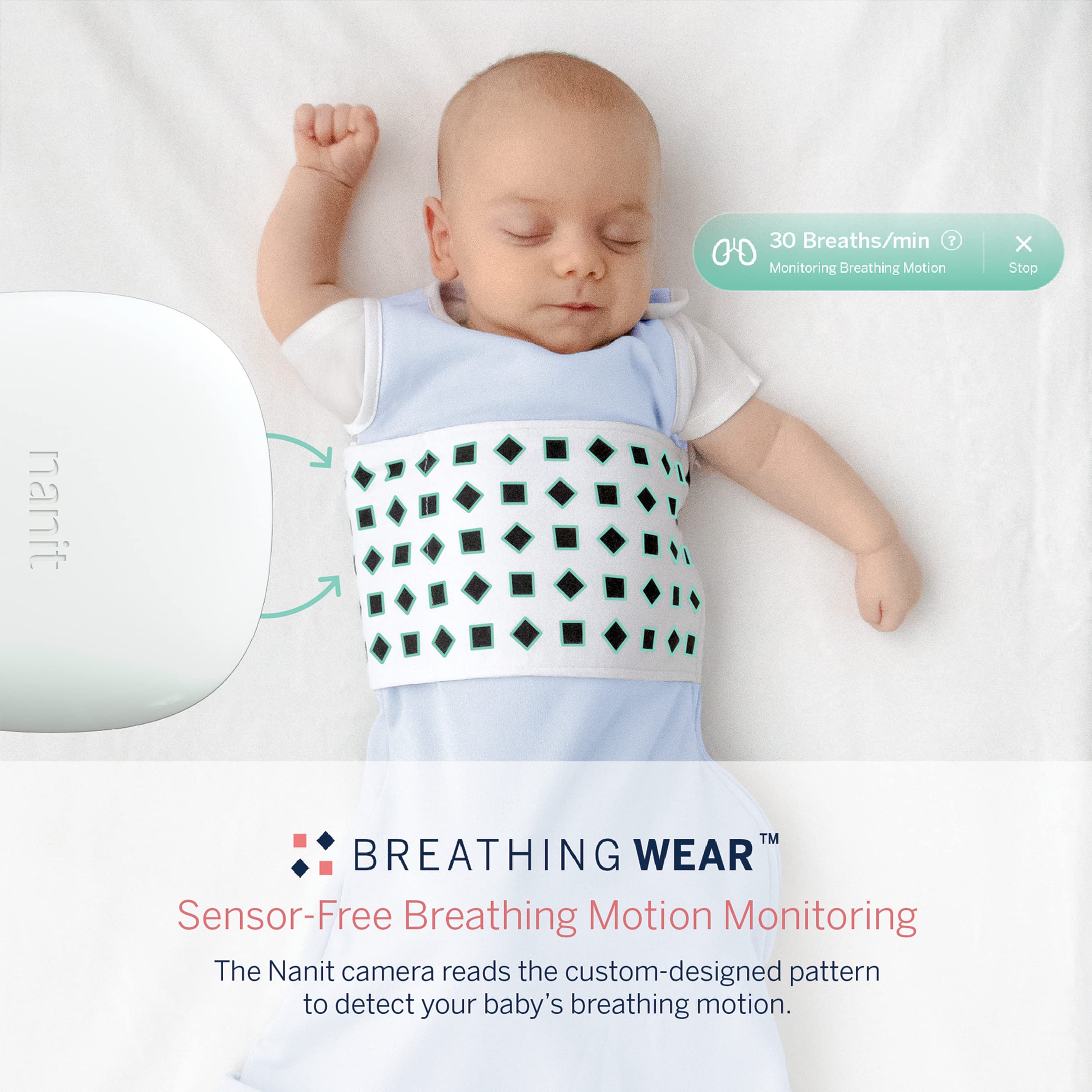 Nanit Breathing Wear Sleeping Bag – 100% Cotton Baby Sleep Sack - Works with Nanit Pro Baby Monitor to Track Breathing Motion Sensor-Free, Real-Time Alerts, Size Medium, 6-12 Months, Powder Blue