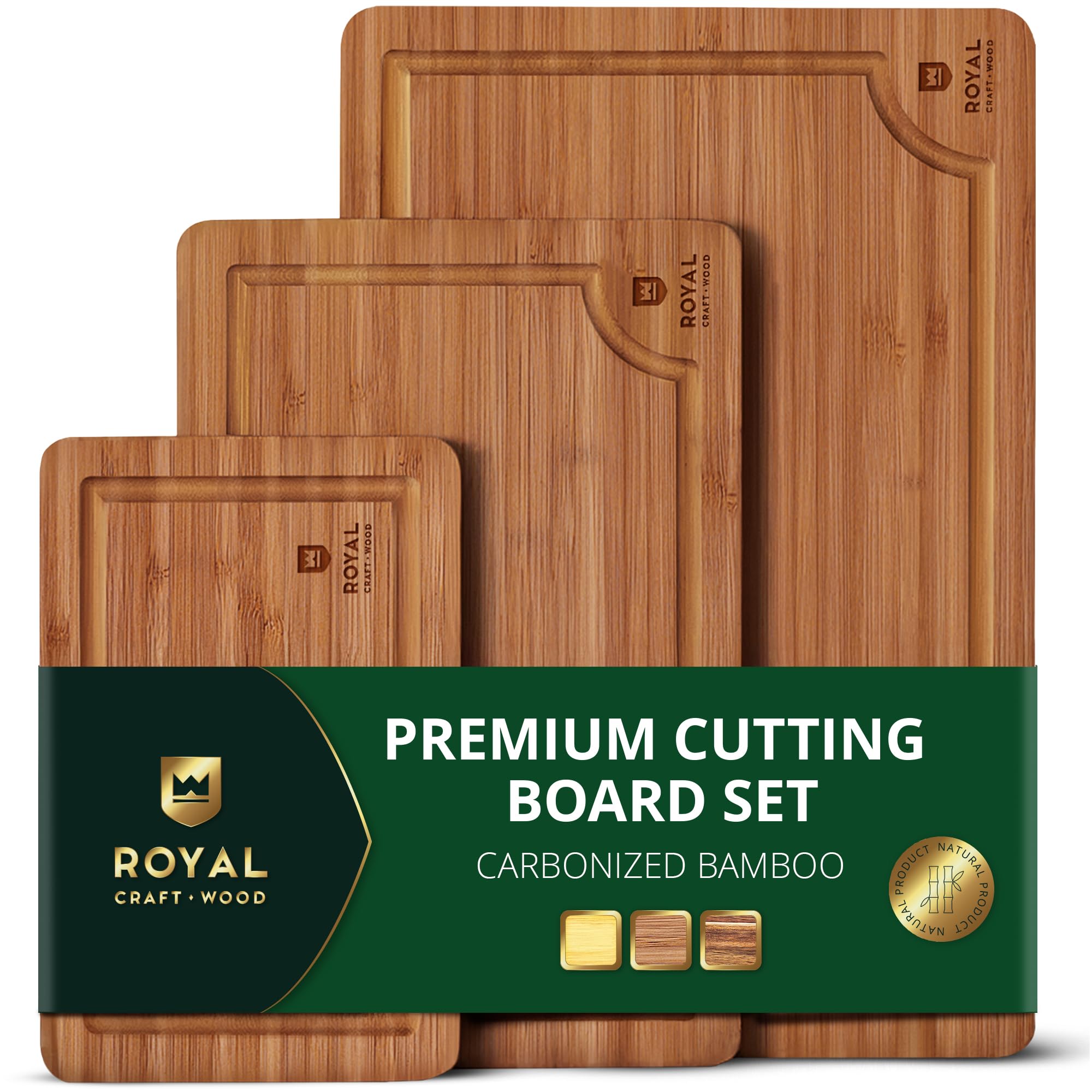 ROYAL CRAFT WOOD Wooden Cutting Boards for Kitchen Meal Prep & Serving - Bamboo Wood Serving Board Set with Deep Juice Groove Side Handles - Charcuterie & Chopping Butcher Block for Meat