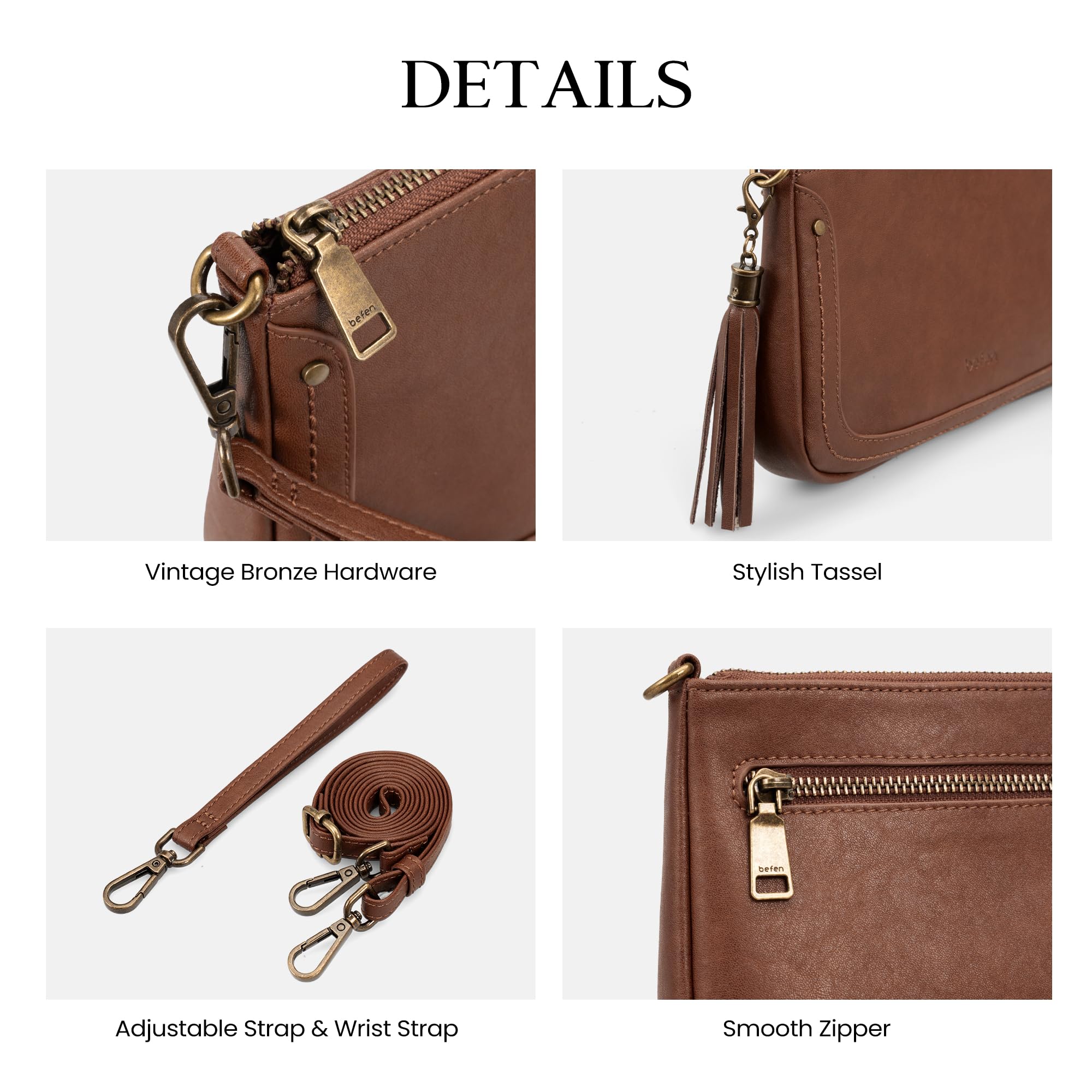 befen Genuine Leather Crossbody Bags for Women Designer Cell Phone Purse Brown Leather Purse Soft Wristlet Wallet Small Clutch Shoulder Handbag with Wrist and Crossbody Strap