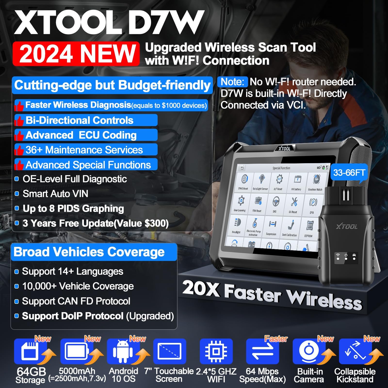 Bidirectional Scan Tool XTOOL D7W: Wireless Ver. of D7/D7S, OBD2 Scanner with 3-Year Updates, ECU Coding, CAN FD/DoIP, 36+ Resets, Crank Sensor Relearn, All System Scanner for Car