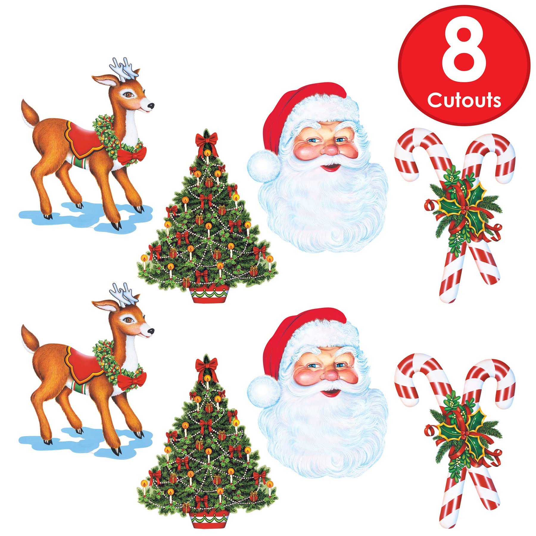 Beistle 8 Piece Merry Christmas Decorations Paper Cut Outs Holiday Party Supplies-Santa Claus, Reindeer, Tree, Candy Canes, 16" - 17", Multicolor