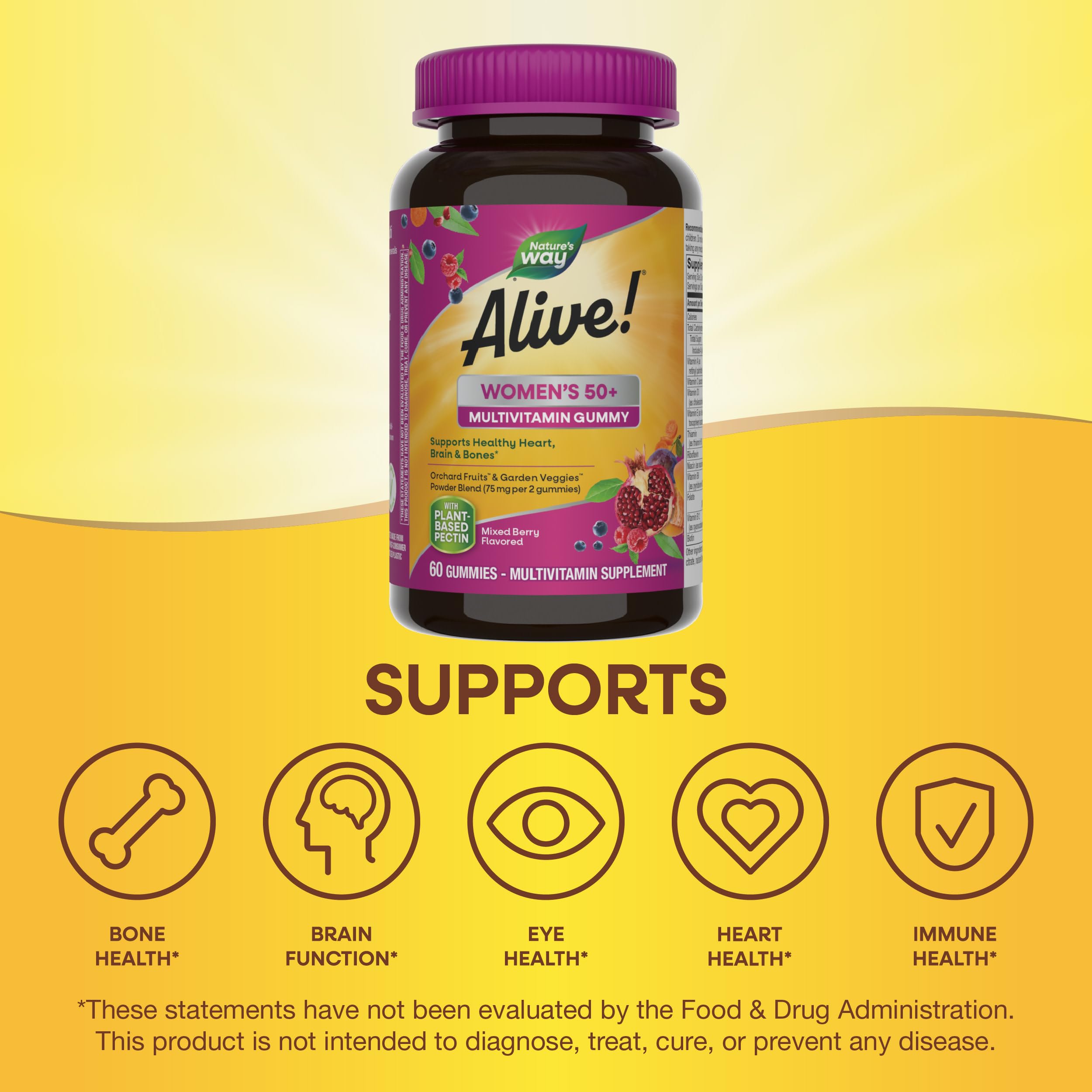 Nature's Way Alive! Women’s 50+ Gummy Multivitamin, Supports Multiple Body Systems*, Supports Healthy Heart, Brain & Bones*, B-Vitamins, Mixed Berry Flavored, 60 Gummies (Packaging May Vary)