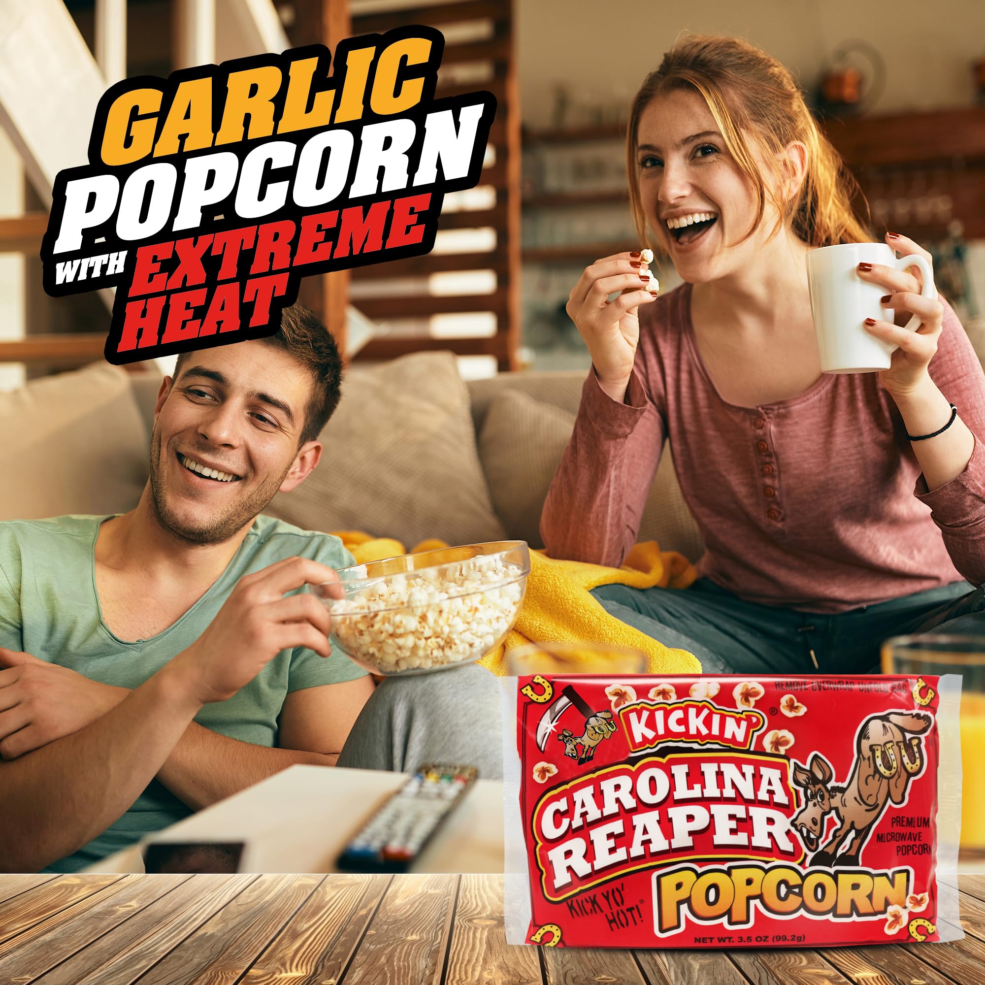 KICKIN’ Carolina Reaper Pepper Microwave Popcorn - Spicy Snacks - Pack of 3 - Ultimate Spicy Gourmet Gift Popcorn - Makes a Great Movie Theater Popcorn or Snack Food - Try if you dare!