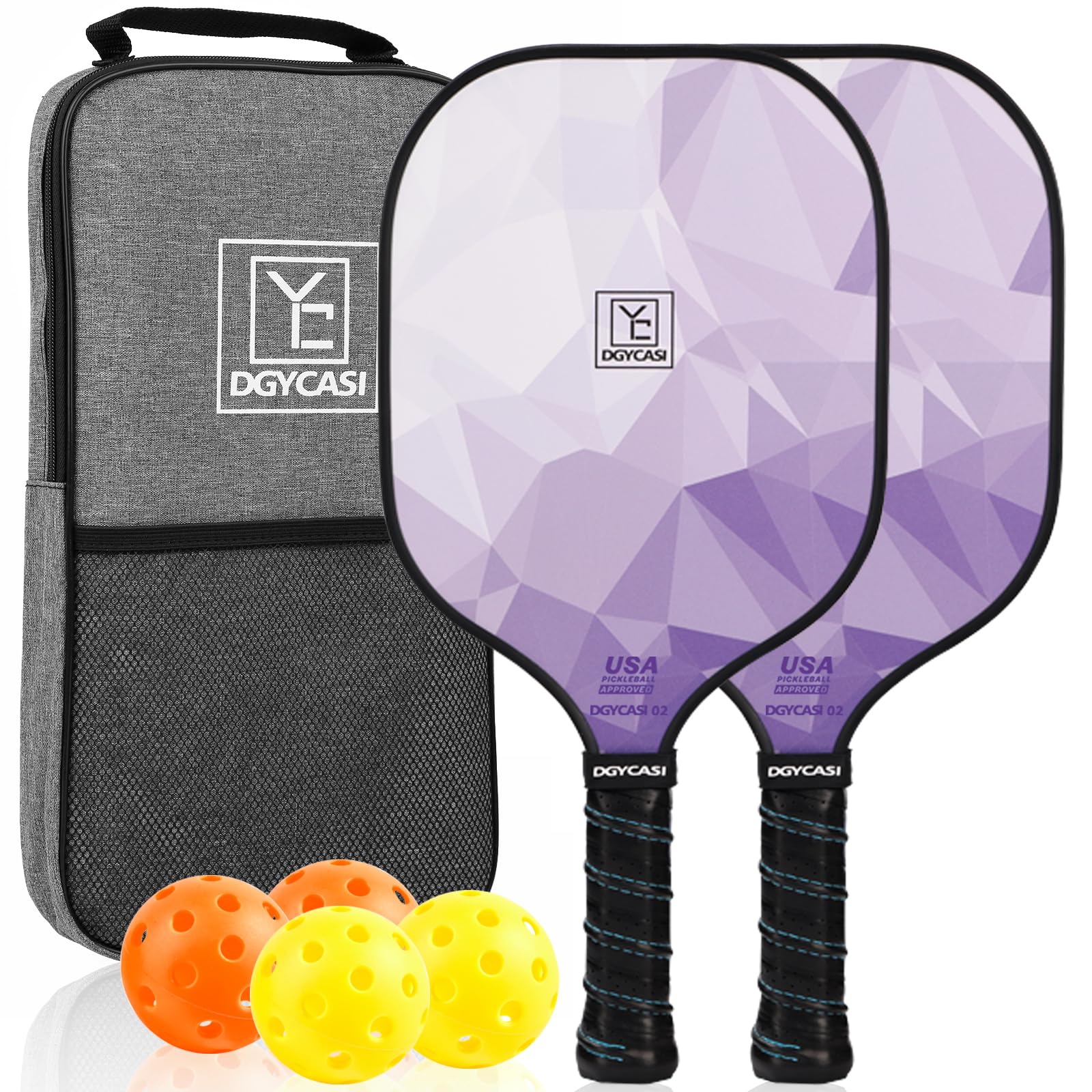 Pickleball Paddles Set of 2, USAPA Approved, Fiberglass Surface, Polypropylene Honeycomb Core, Anti-Slip Sweat-Absorbing Grip, 2 Outdoor Pickleball, 2 Indoor Pickleball, Portable Carry Bag (Purple)