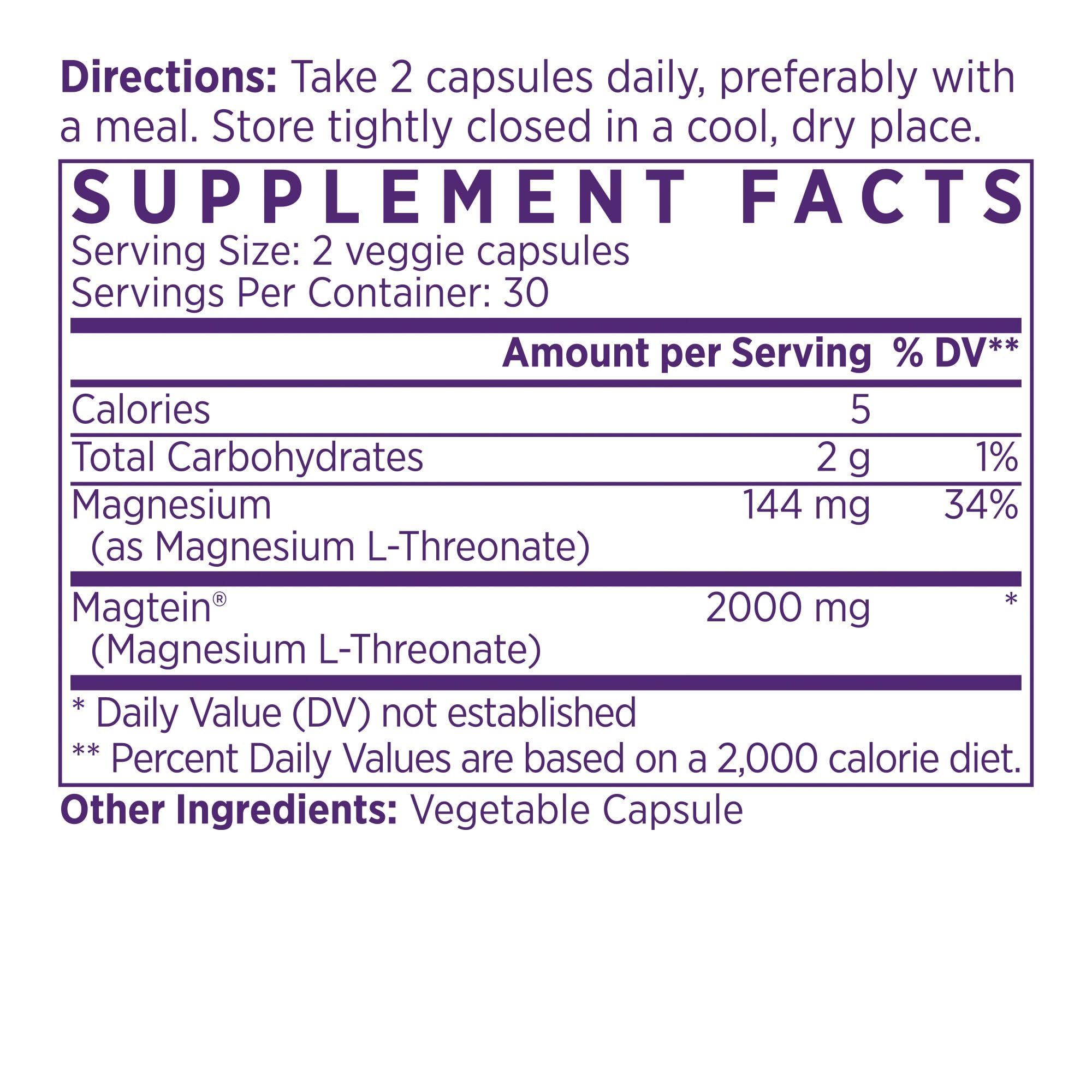 NAOMI Magnesium L-Threonate with 2,000mg Patented Magtein®, High Absorption Elemental Magnesium, Memory Supplement - Brain Health, Focus, Nerve Support, Heart Health, Natural Sleep Aid, 60 Veggie Caps