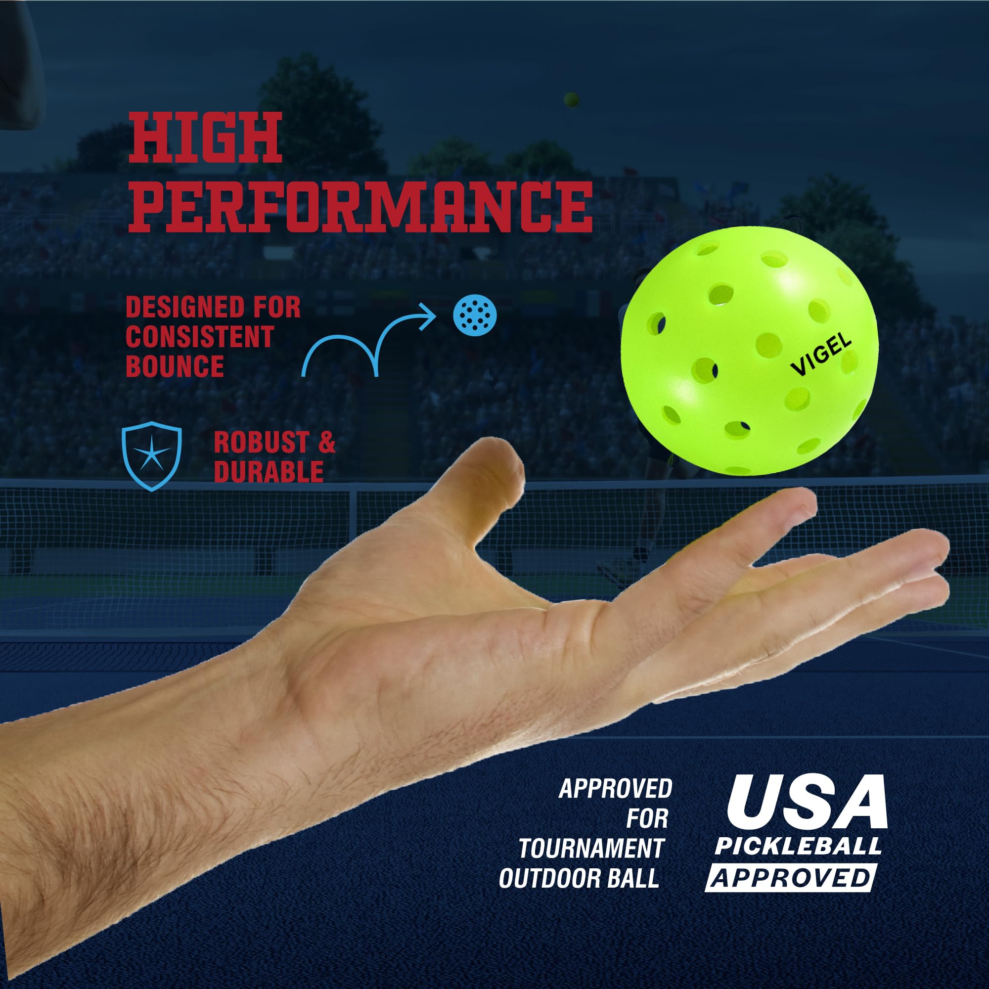 Vigel Premium Outdoor Pickleball Balls Set of 4 - USAPA Approved, Tournament and Competition play, Perfectly Balanced, High Bounce, True Flight, Durable, 40 Hole Pickleball, Ideal for All Skill Levels