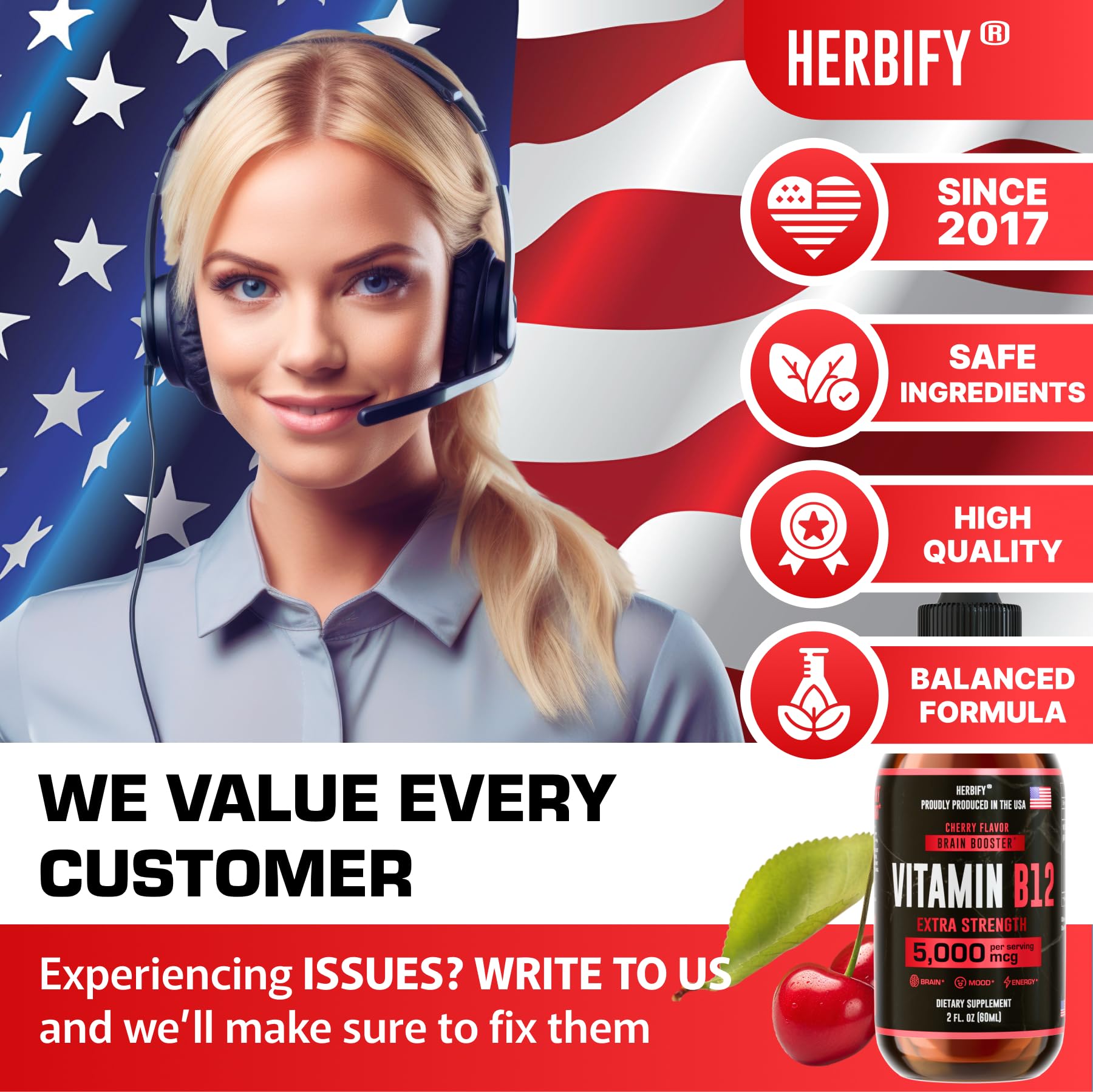 HERBIFY Vitamin B12 Methylated Multivitamin Energy Supplements for Women & Men - Liquid B12 Vitamins 5000 Mcg Methylcobalamin - Energy Support and Immune Health Liquid Vitamin 2 Oz