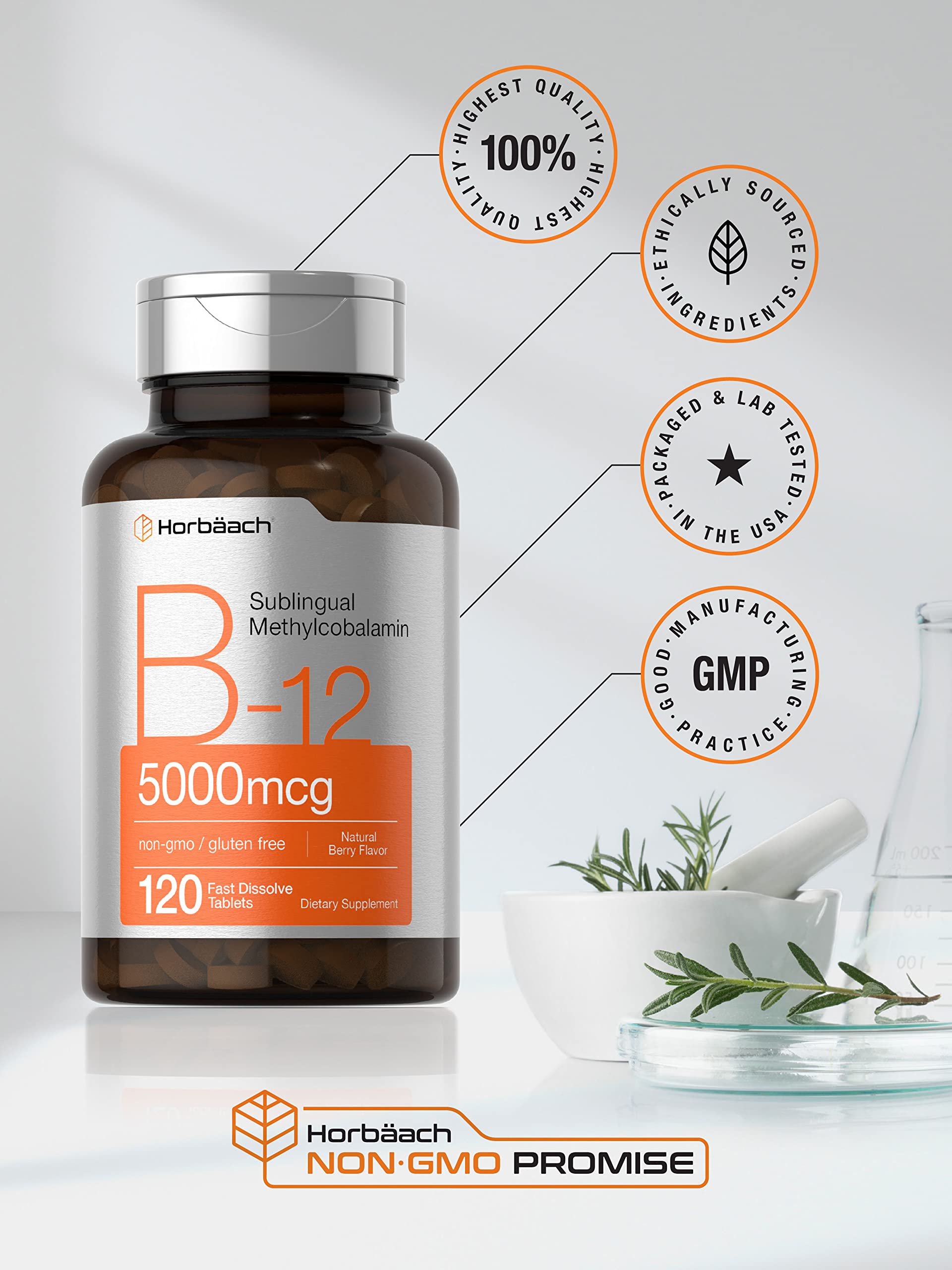 Horbäach B12 Sublingual Methylcobalamin | 5000mcg | 120 Fast Dissolve Tablets | Vegetarian, Non-GMO and Gluten Free Supplement